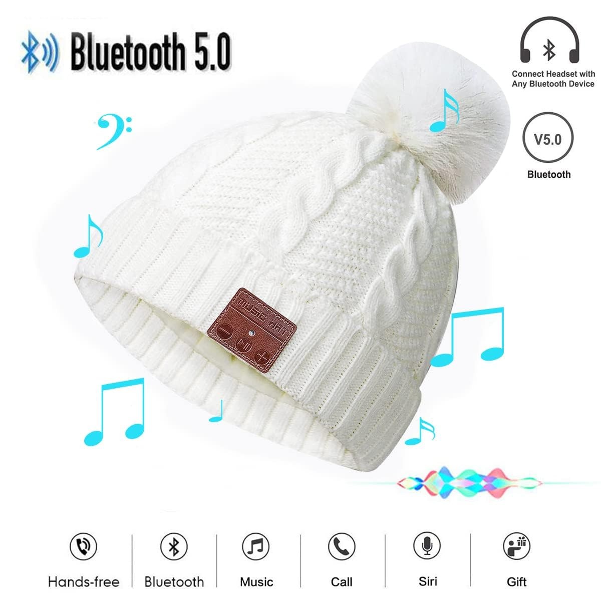 Bluetooth Beanie Hat Women with Headphones Sport Wireless Music Hat with Pomp…