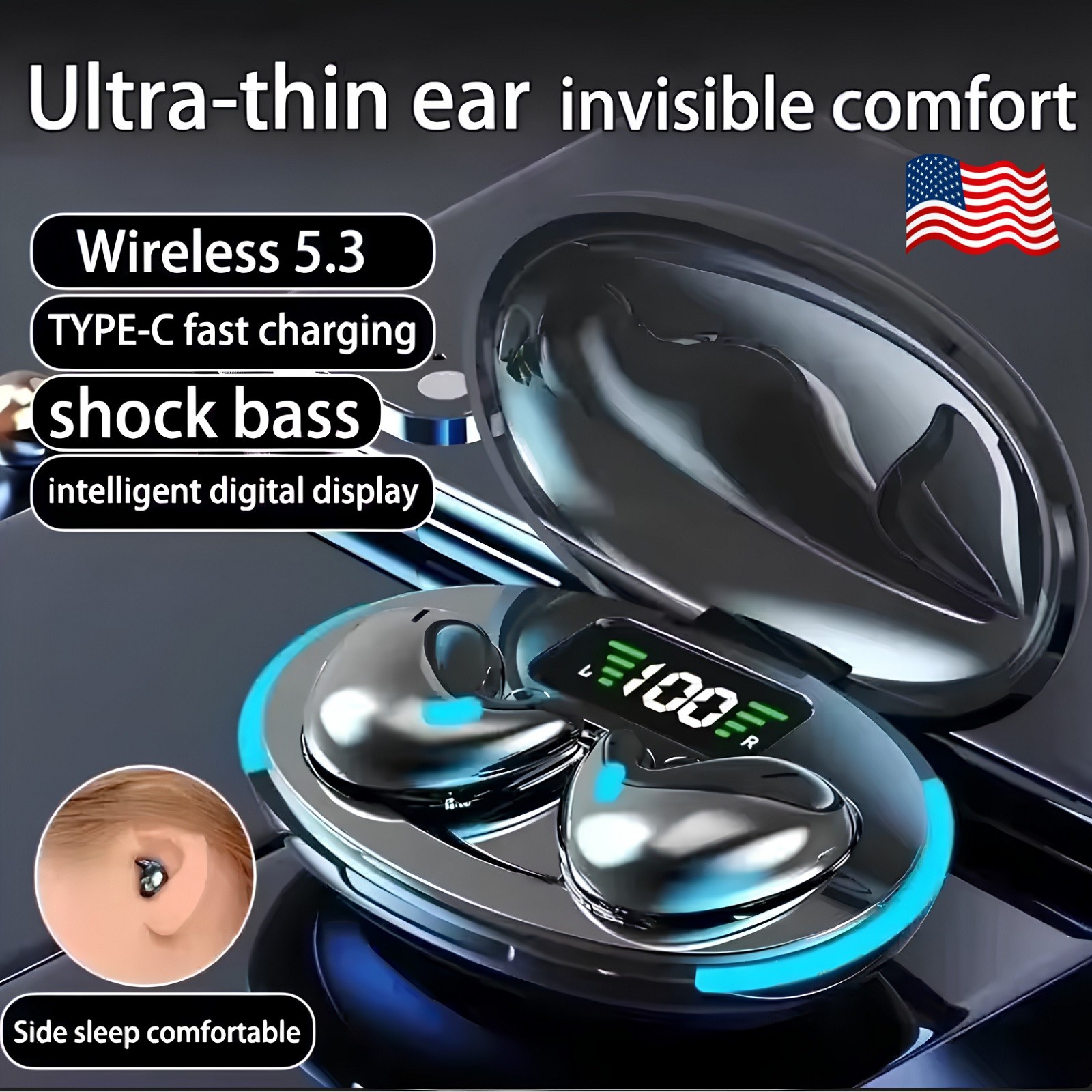 Sleep In-Ear Headphones Wireless Bluetooth 5.3 Mini Earbuds Noise Cancelling USA