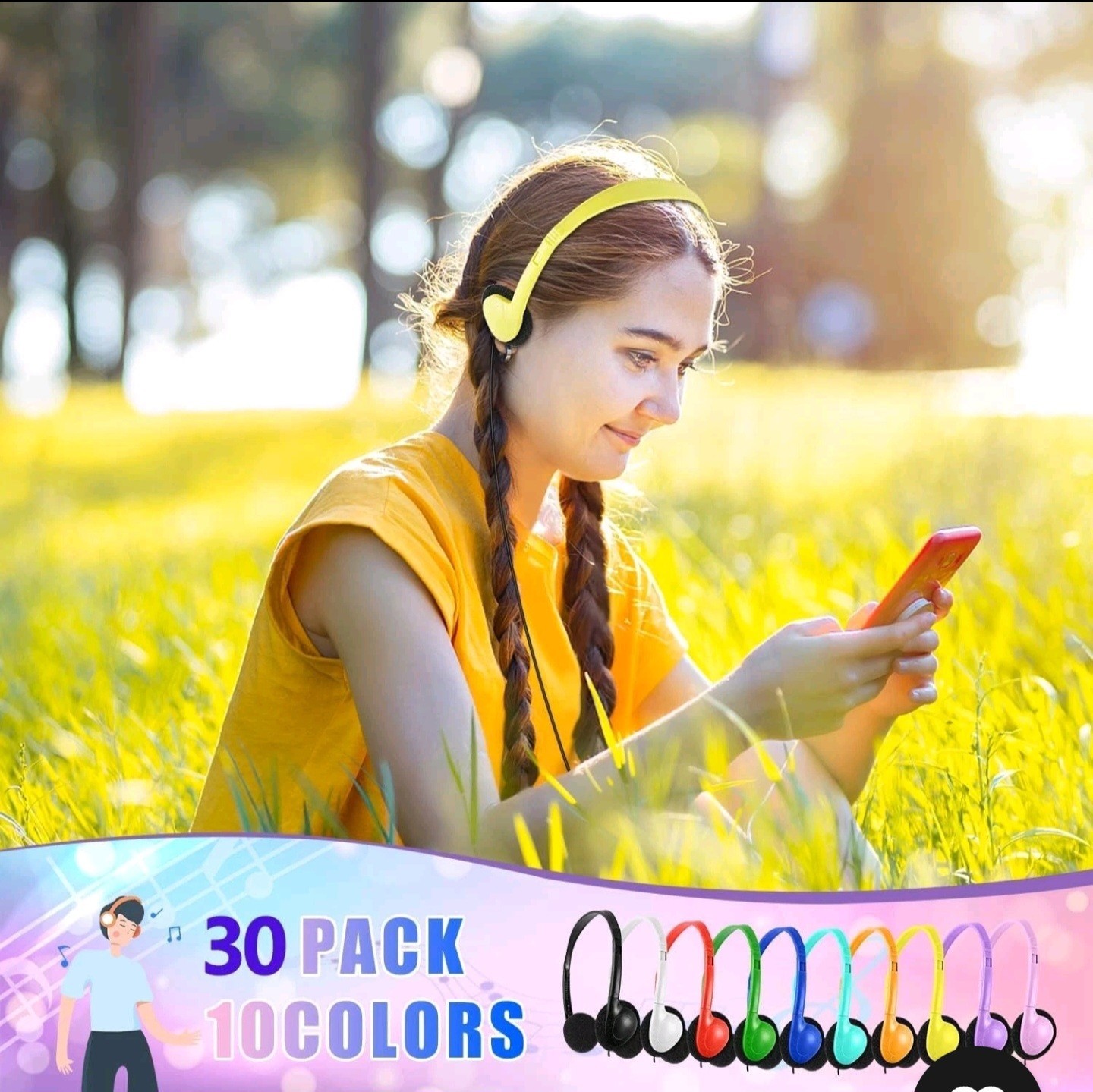 WENSDO Bulk Headphones Packs Of 10 Multi Color for School Classrom K-12