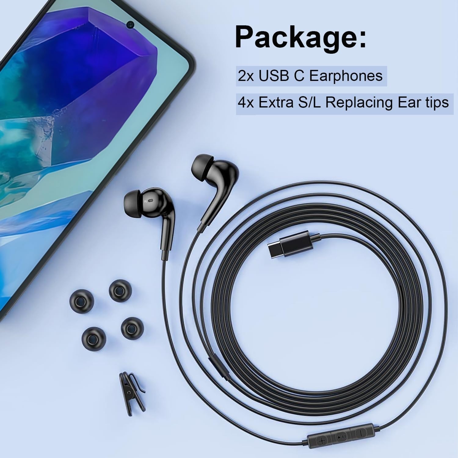 2-Pack USB-C Headphones With Mic, Volume & Media Playback Controls – Black