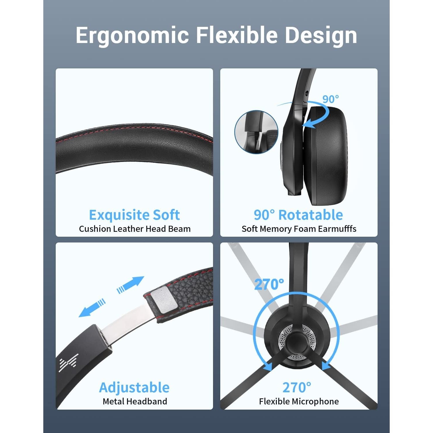 JIAMQISHI Wireless Headset with Mic for Work, Bluetooth V5.2 Headphones AI