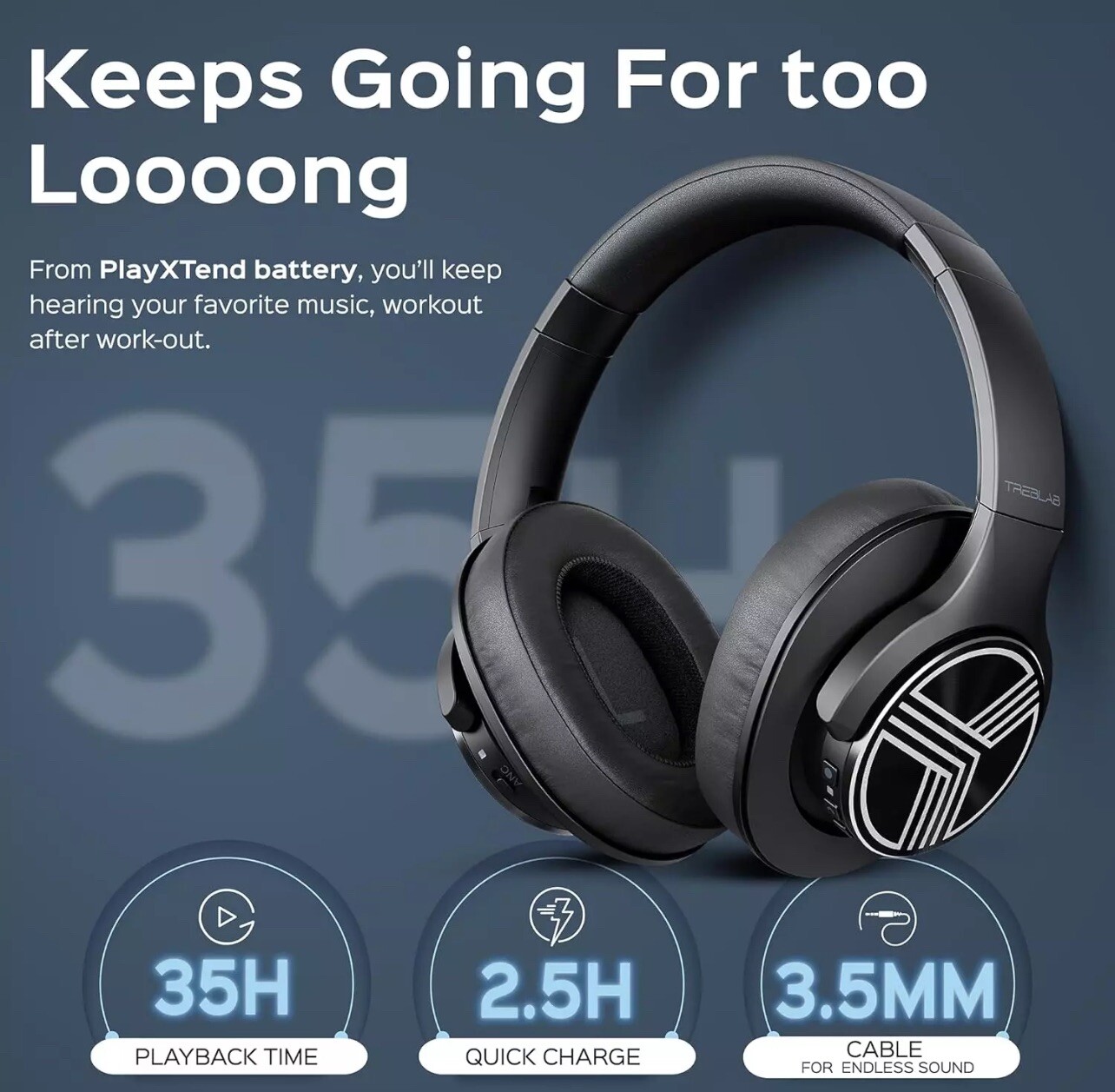 TREBLAB Z2 Sports Wireless Headphones Bluetooth HD Sound, Deep Bass, 35H Battery