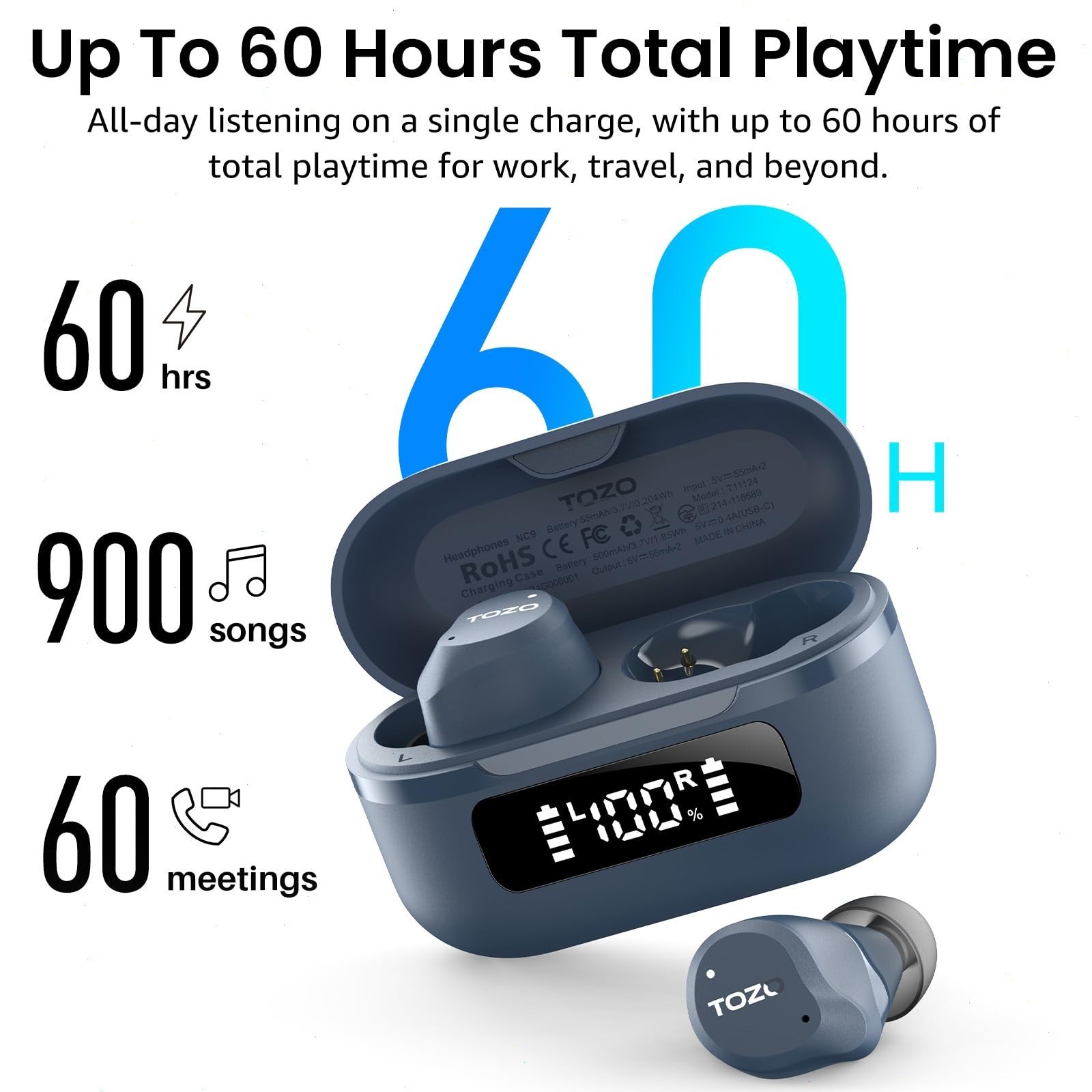 TOZO 6-Mic Active Noise Cancellation Wireless Earbuds IPX8 Waterproof Deep Blue