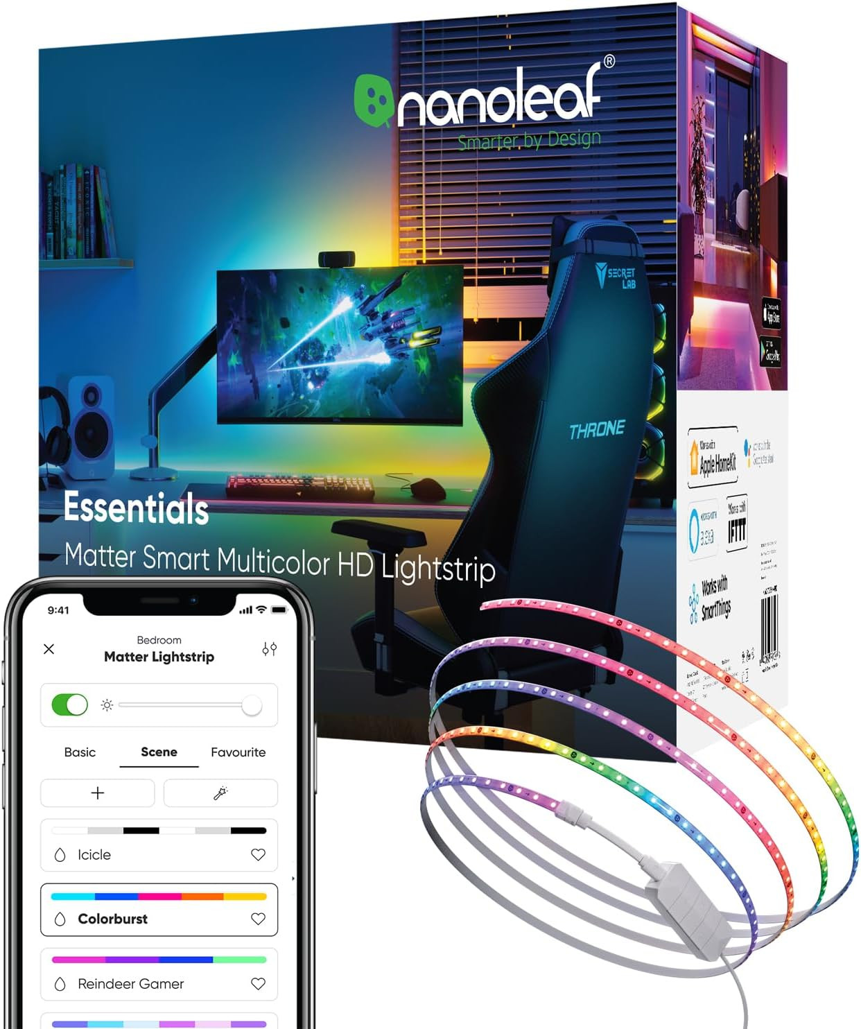 Essentials Matter Bluetooth & Wifi Smart Multicolor LED Lightstrip 200″ Smarter