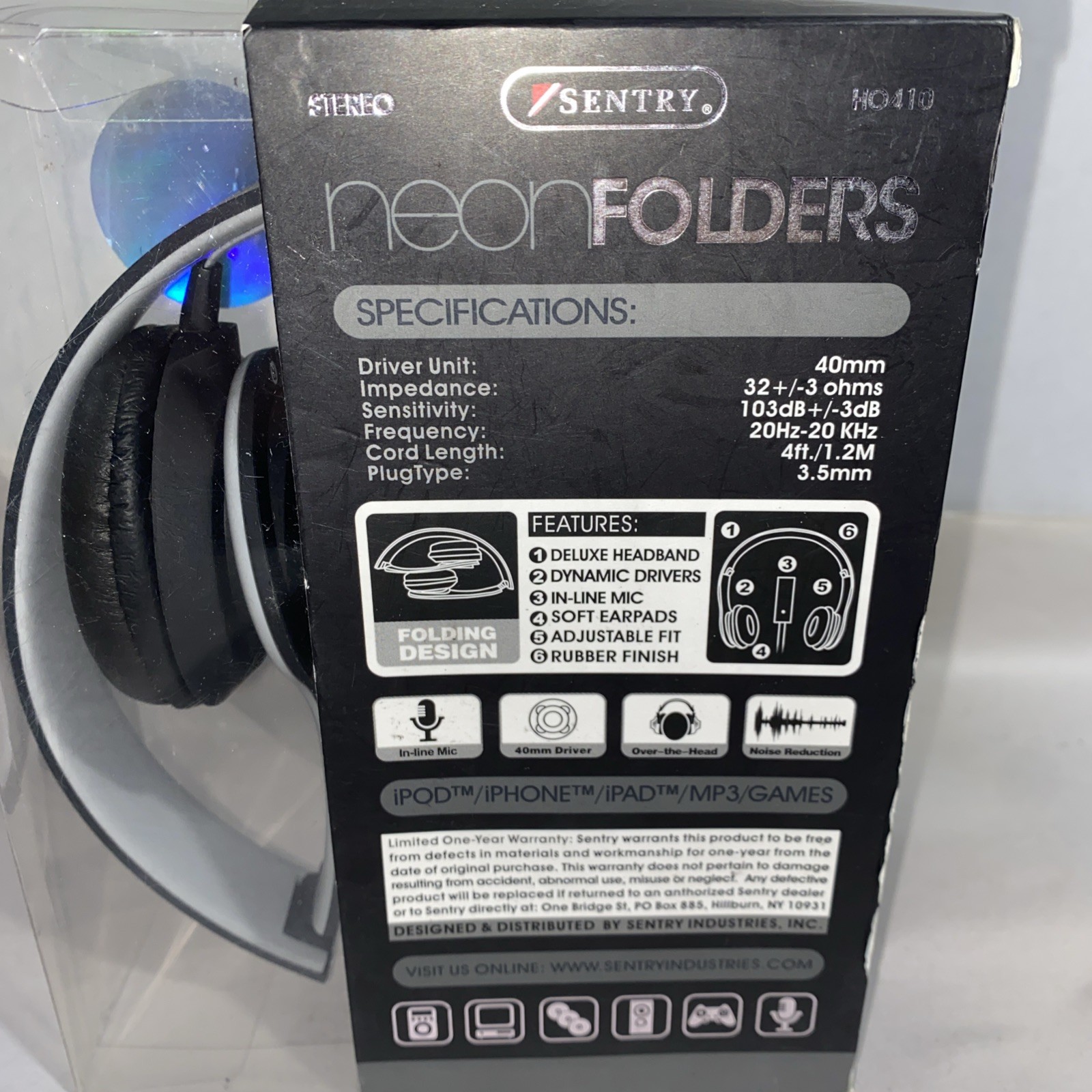 Sentry Neon Folding Headphones w/In-Line Microphones Travel Gray/Black