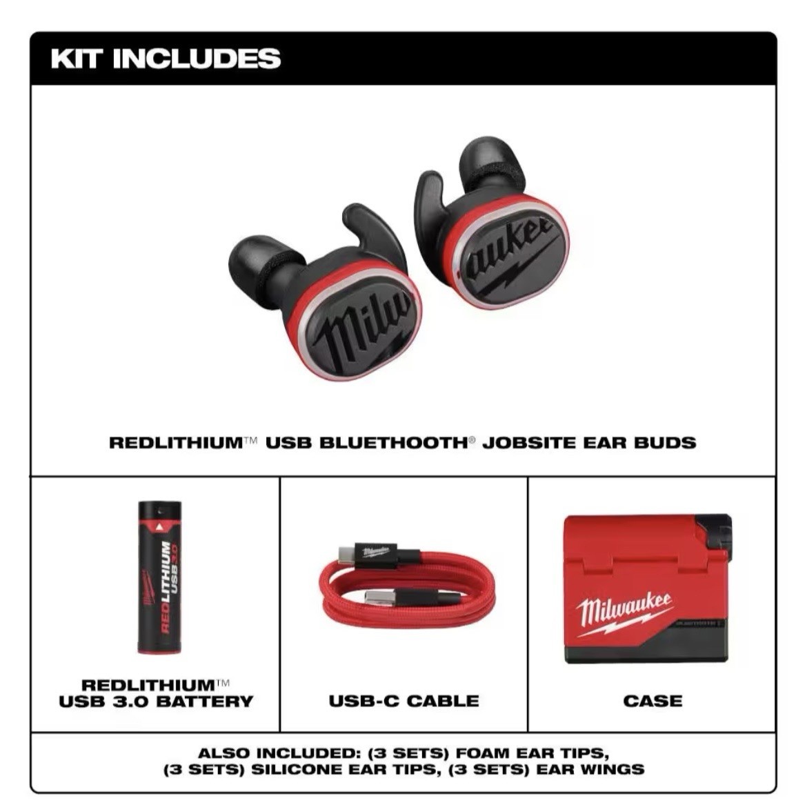 Milwaukee 2191-21 Red Lithium USB Bluetooth Jobsite Ear Buds