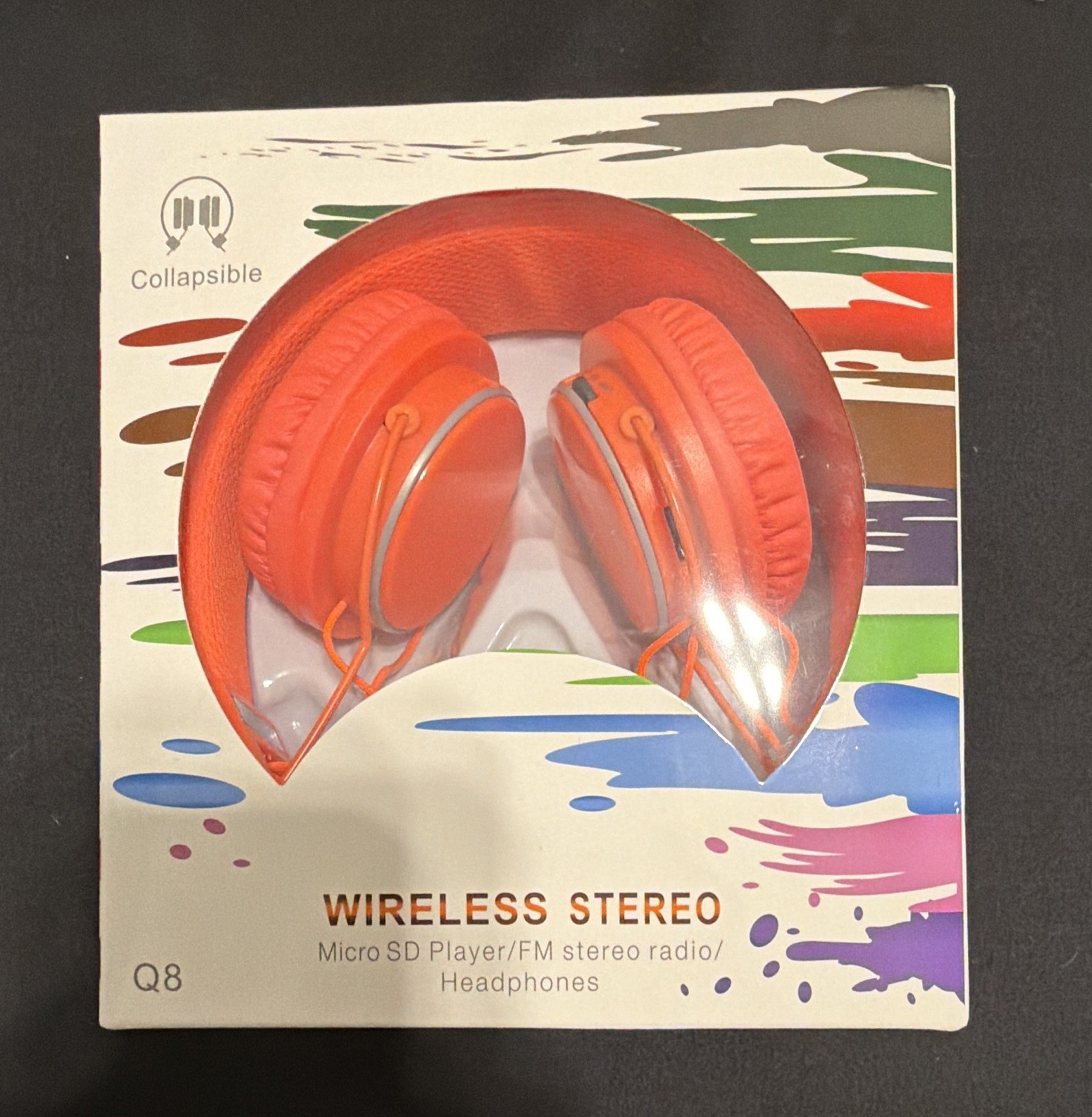 Q8 Wireless Bluetooth Collapsible Headphones Orange FM Radio Micro SD Player