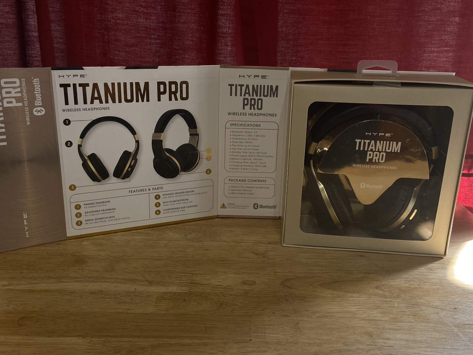 Titanium Pro Wireless Over Ear Headphones Built In MIc Bass Boost Bluetooth Blu