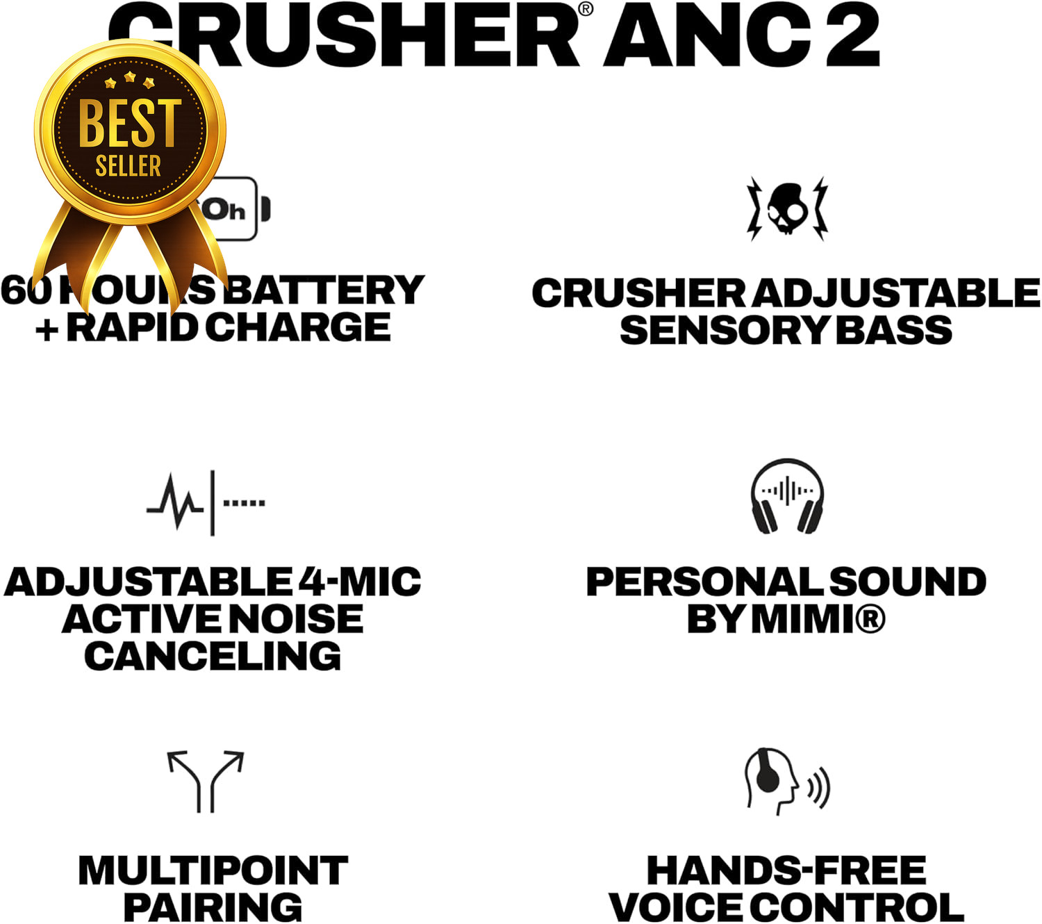 Crusher ANC 2 Wireless Bluetooth Headphones Noise Cancelling 60H Plasma