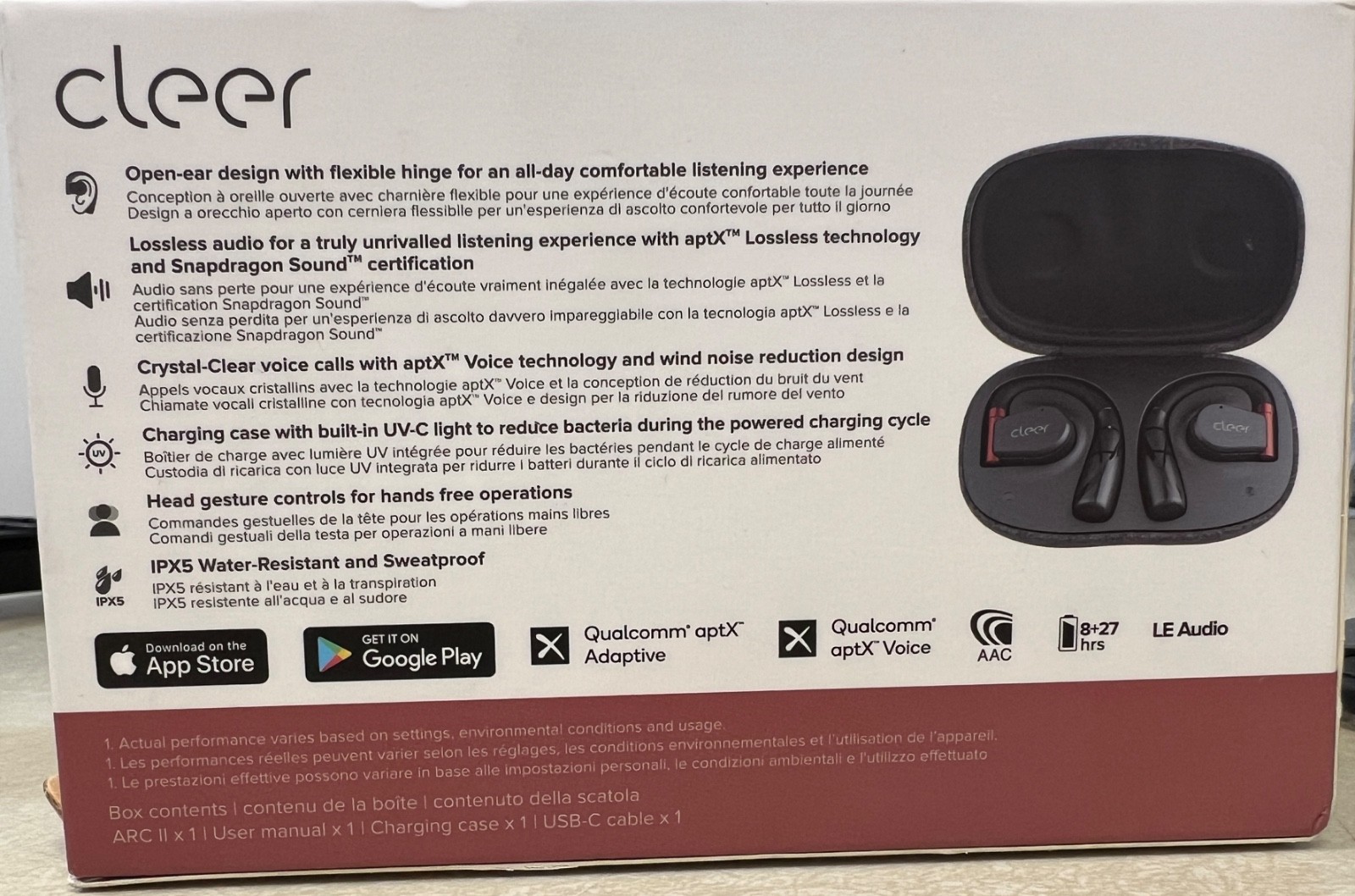 Cleer Arc II Sport Earbuds-Red on Red Open Ear Smart Wireless Headphones-NEW