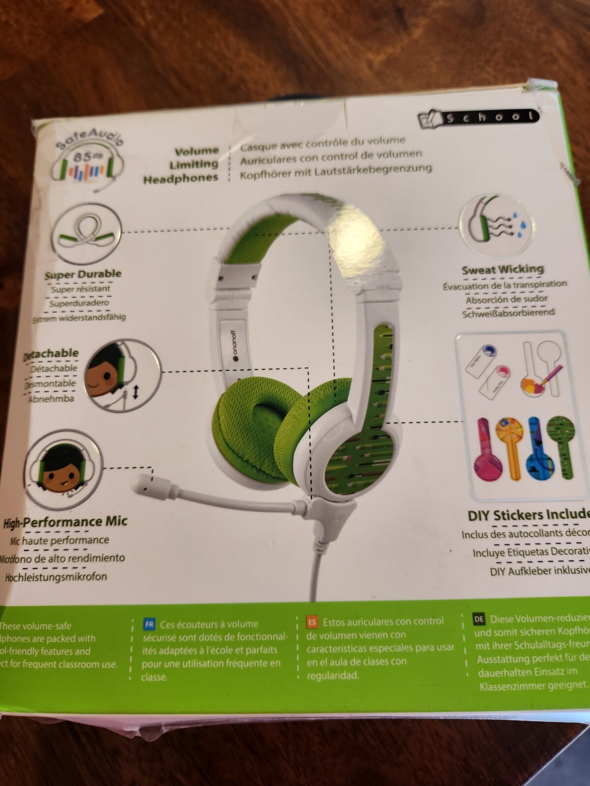 Buddy Phones Safe Audio ? For Kids 85db. Green & White School Headphones