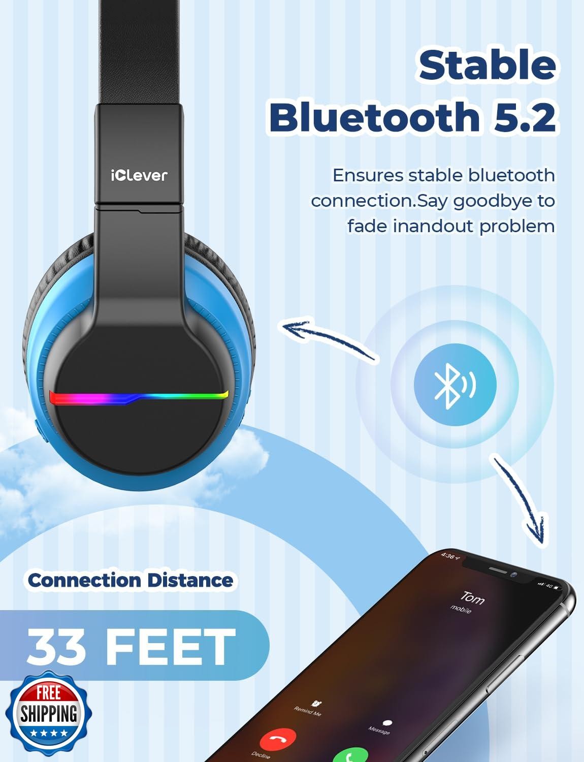 iClever BTH12 Kids Bluetooth Headphones 2 Pack,Colorful LED Lights,74/85dBA S