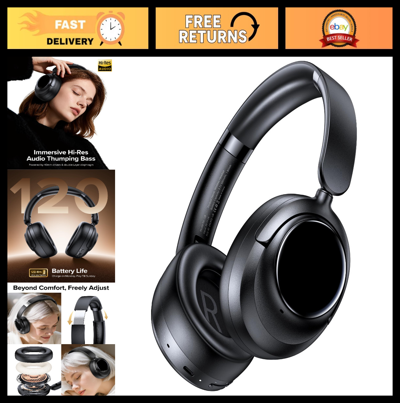 Active Noise Cancelling Bluetooth Headphones, 120H Playtime, Hi-Res Audio, 5-Mic
