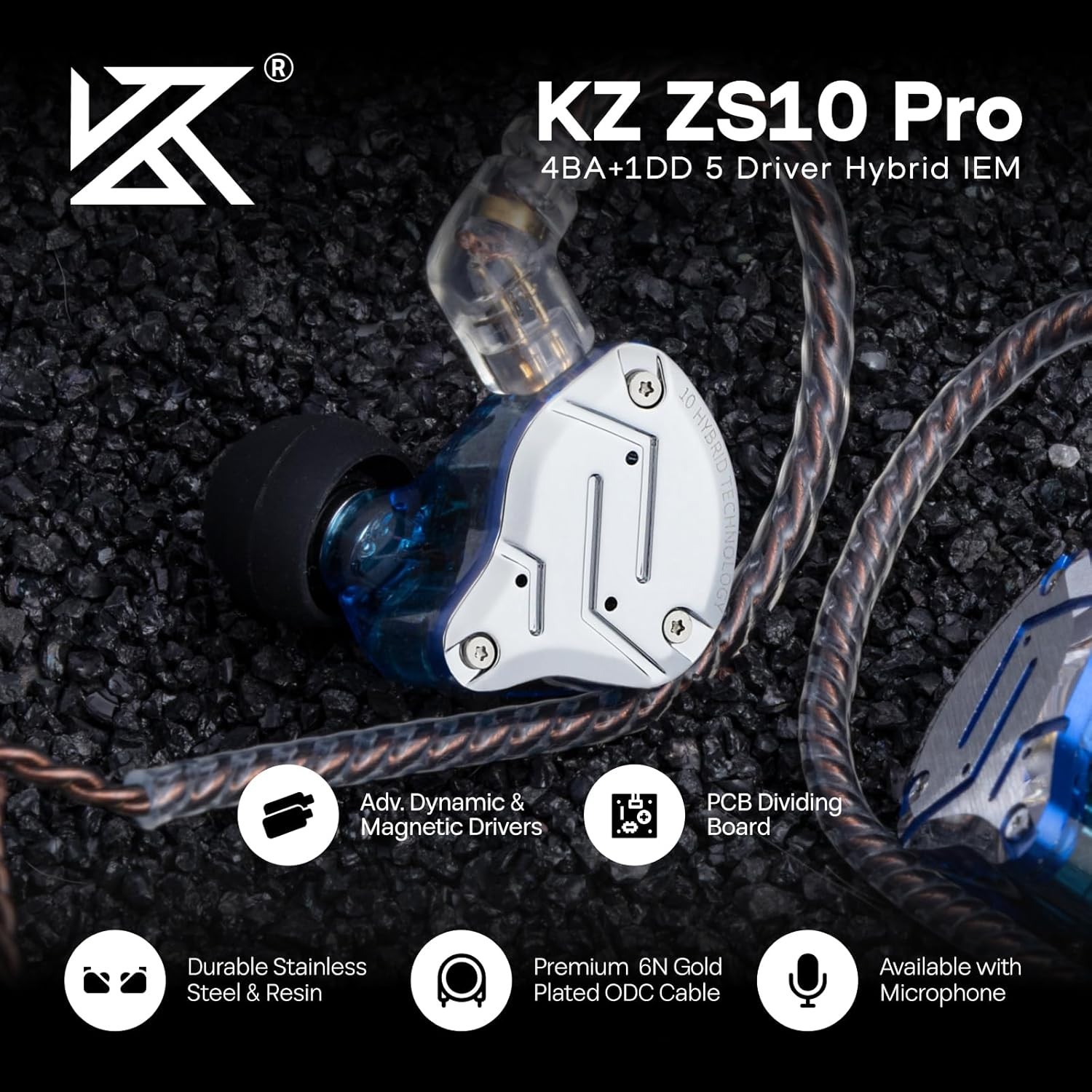 High-Fidelity 4BA+1DD Hybrid Earbuds with Stainless Steel for Musicians, Blue