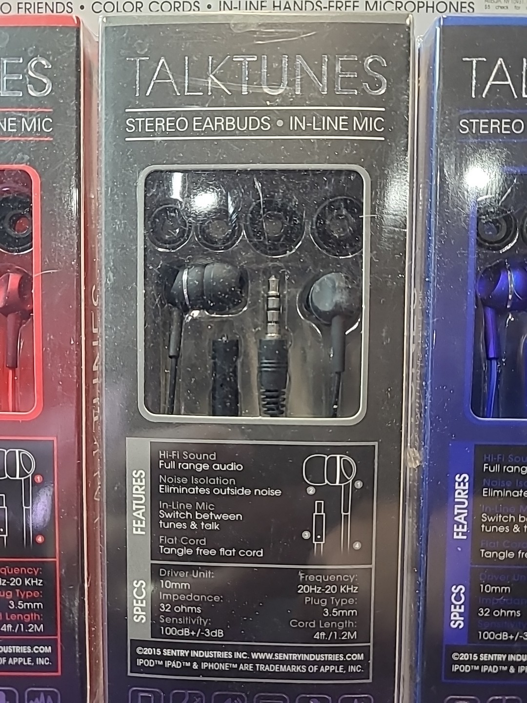 Sentry 3 Pack Flat-Cord Tangle Free Earbuds W/Mic – Red Gray Blue – HM115PK New