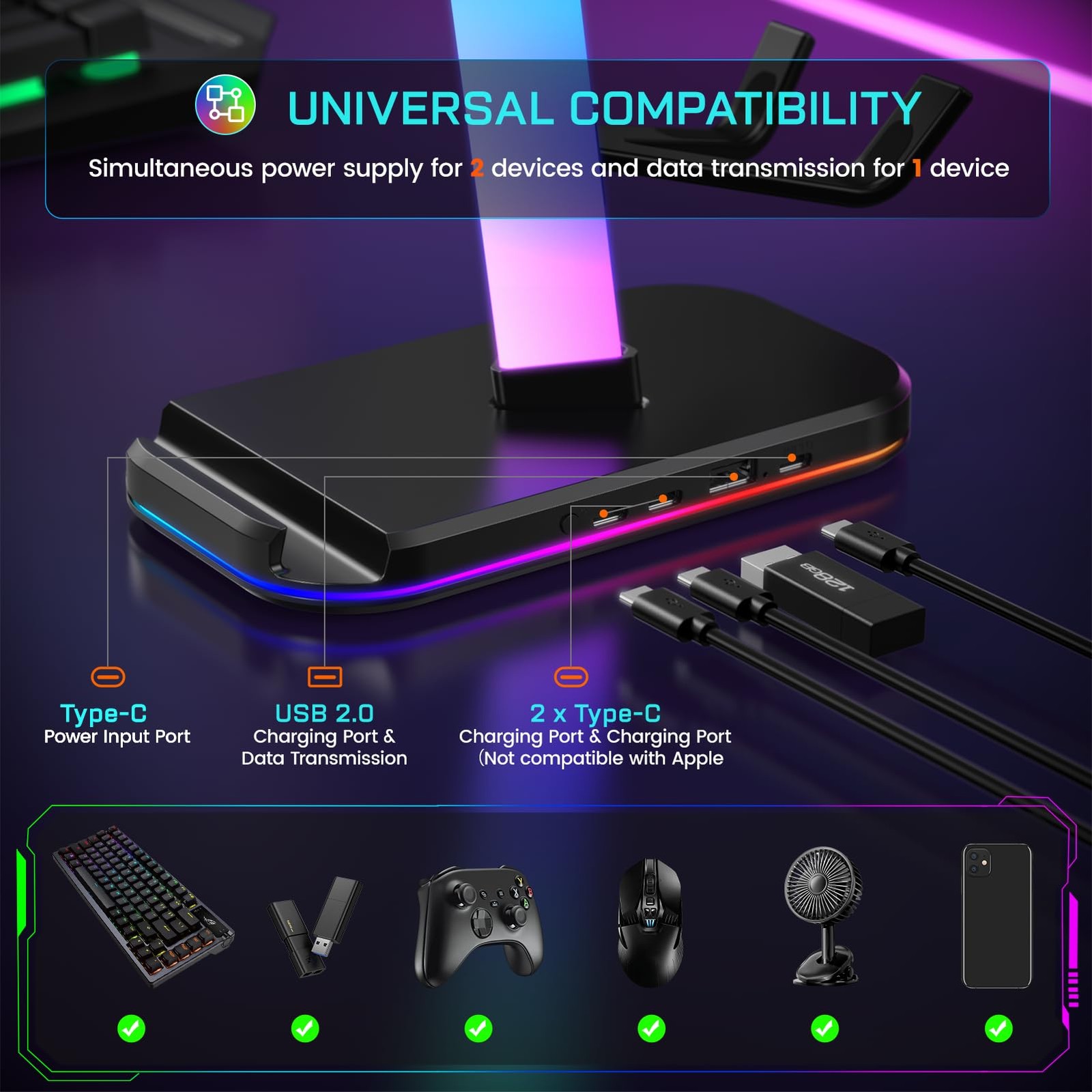 Gaming Headphones Stand with Charging Station, RGB Headset Stand with 10 Light M