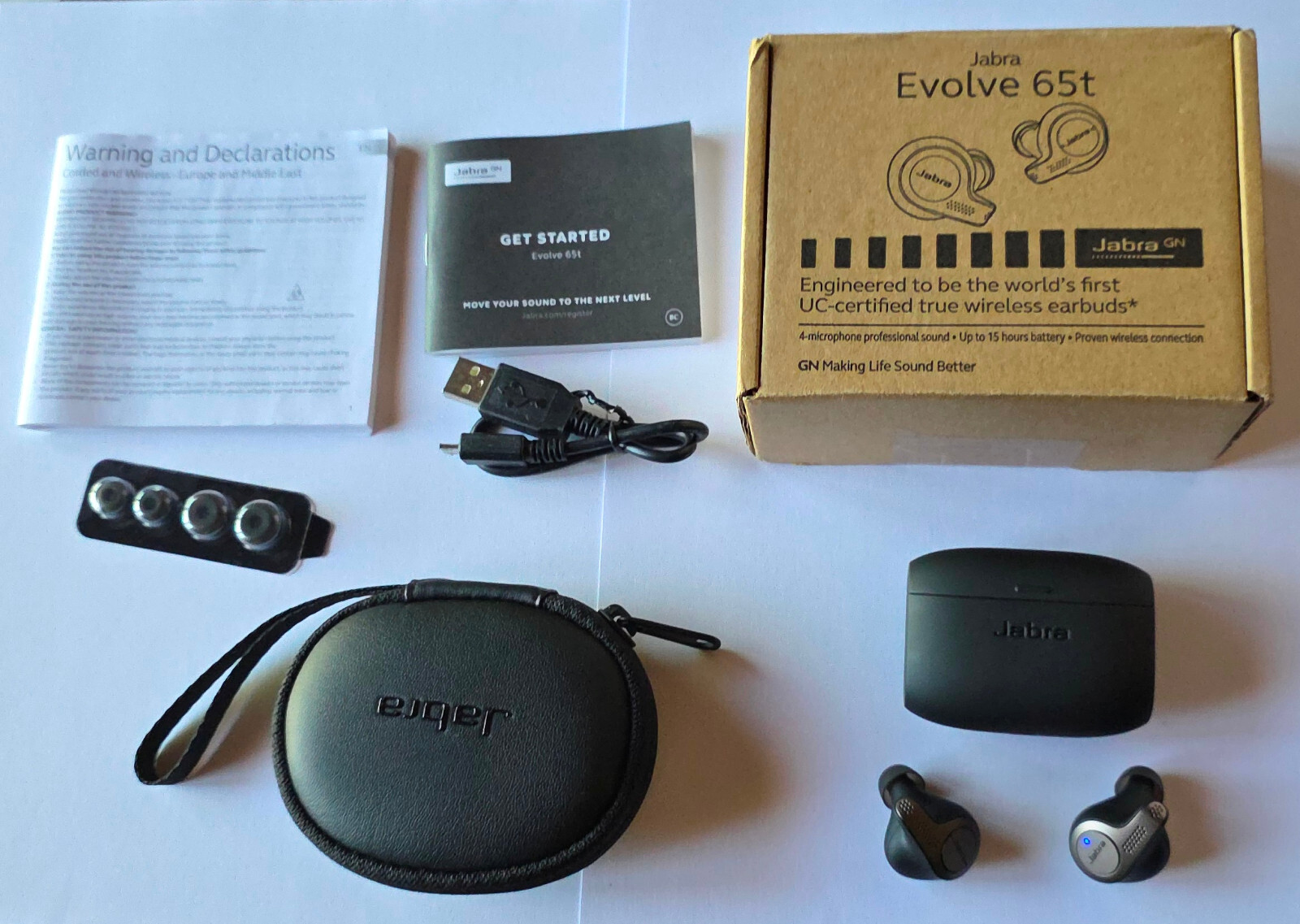 Unused OEM Titanium Black Jabra EVOLVE 65t UC Wireless Earbuds with Accessories