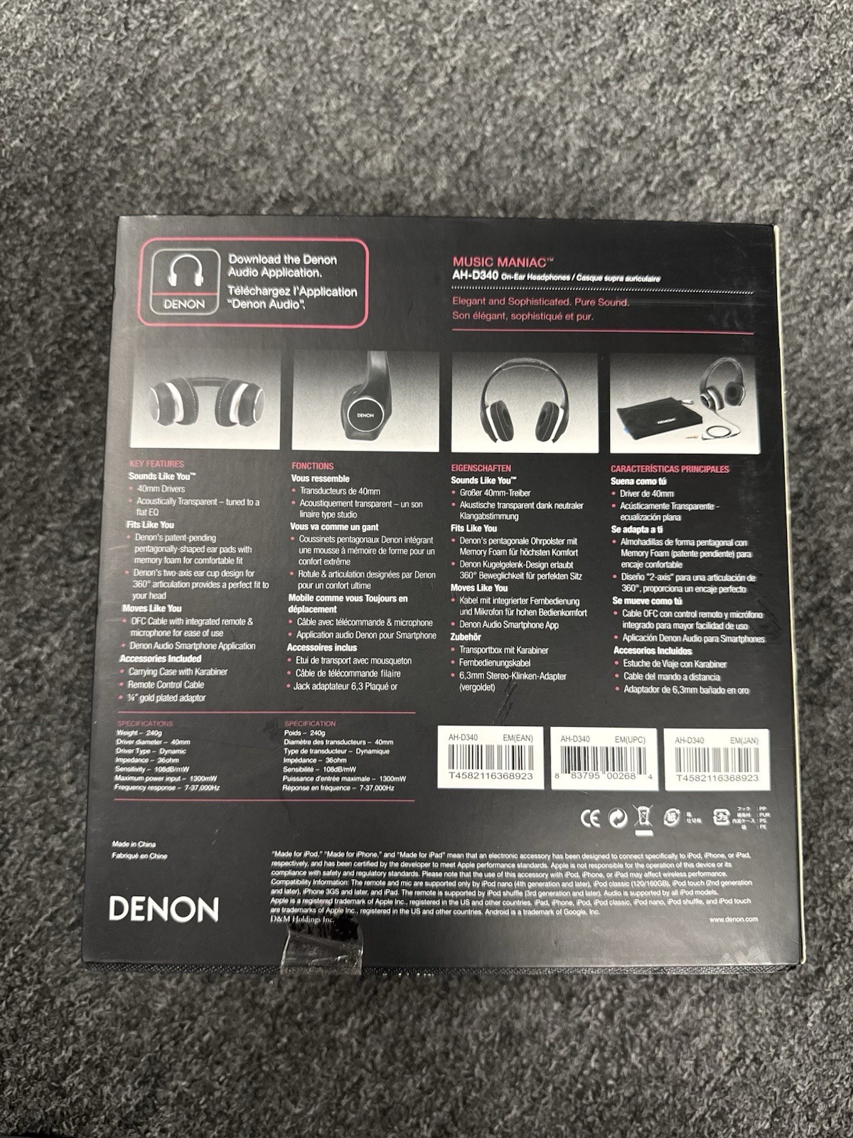 Denon AH-D340 On-Ear Headphones Black 3.5mm Jack Closed Back In-Line Control