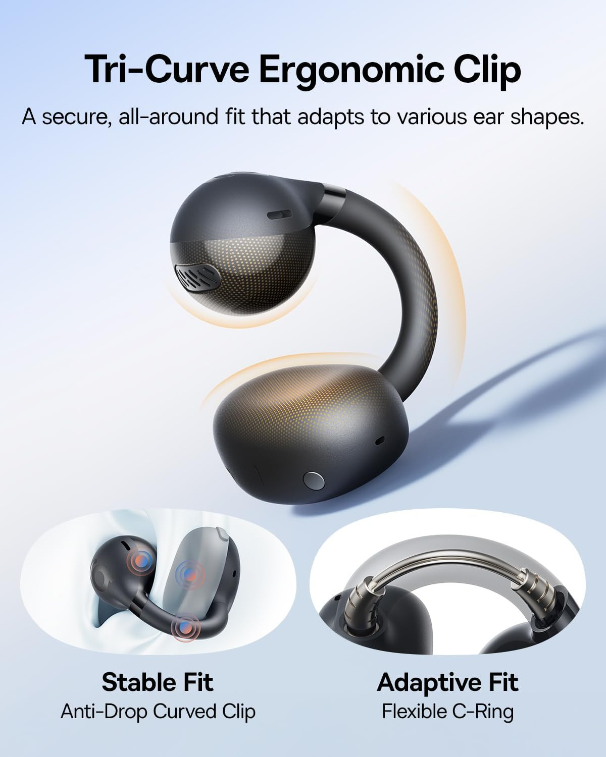 Bass BC1 Open Ear Earbuds Clip-On Headphones, Open-Ring Comfort with Tri-Curve S