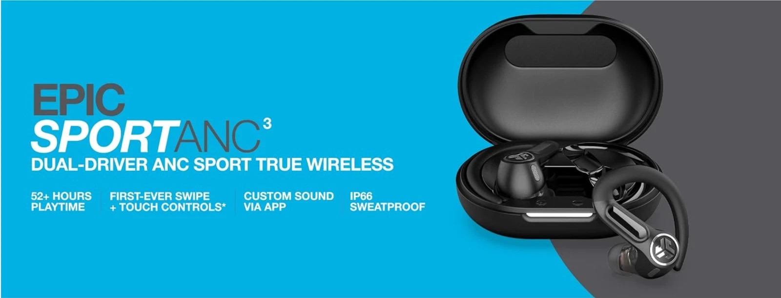 JLab Epic Air Sport ANC 3 True Wireless Bluetooth Earbuds Black Used Tested