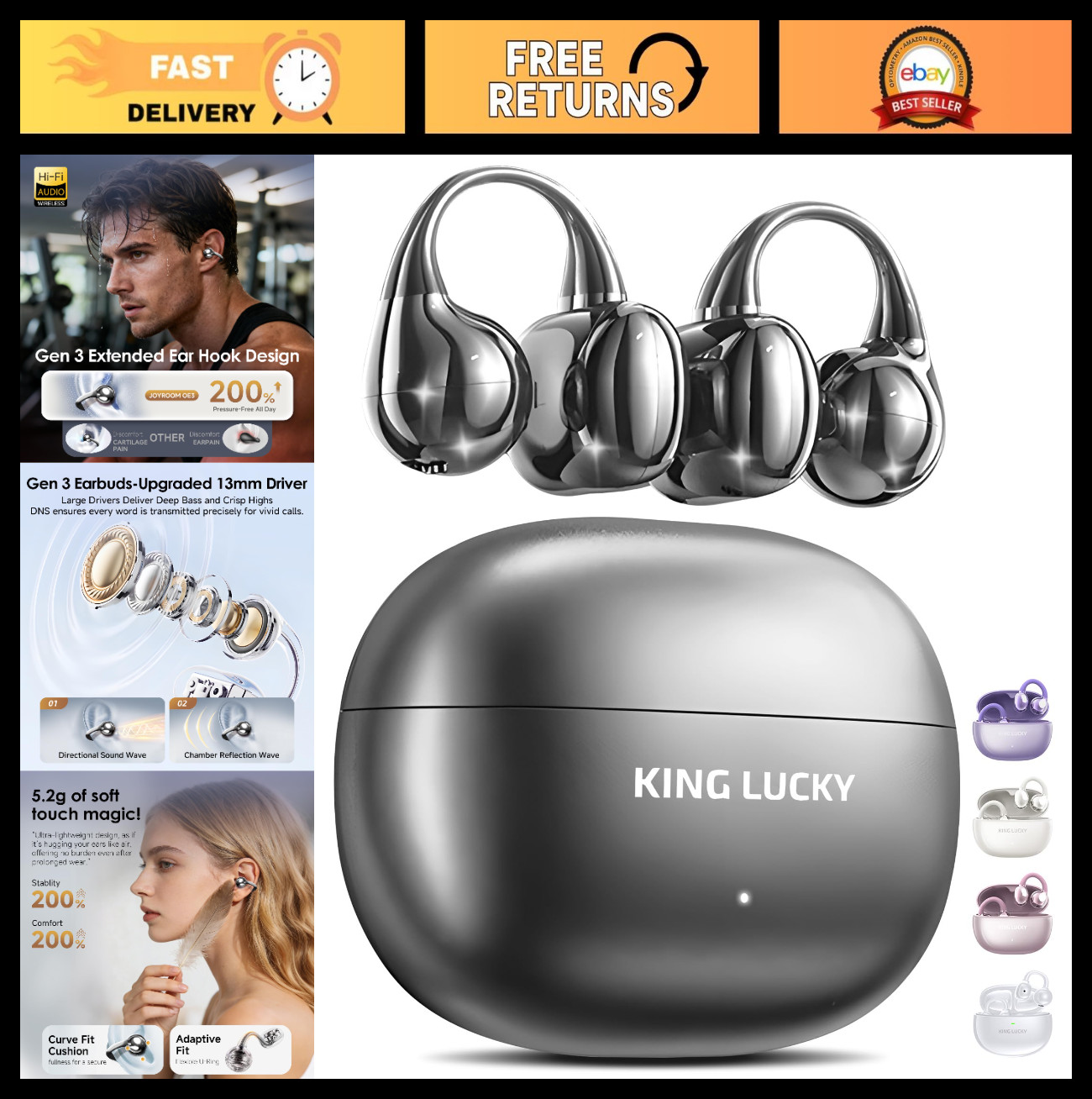 Open-Ear Wireless Bluetooth 6.0 Earbuds, 50H Playtime, IPX5 Waterproof, Mic, Sec
