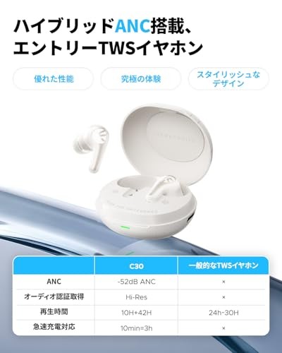 SOUNDPEATS C30 Wireless Earbuds LDAC ANC BT6.0 52H Beige