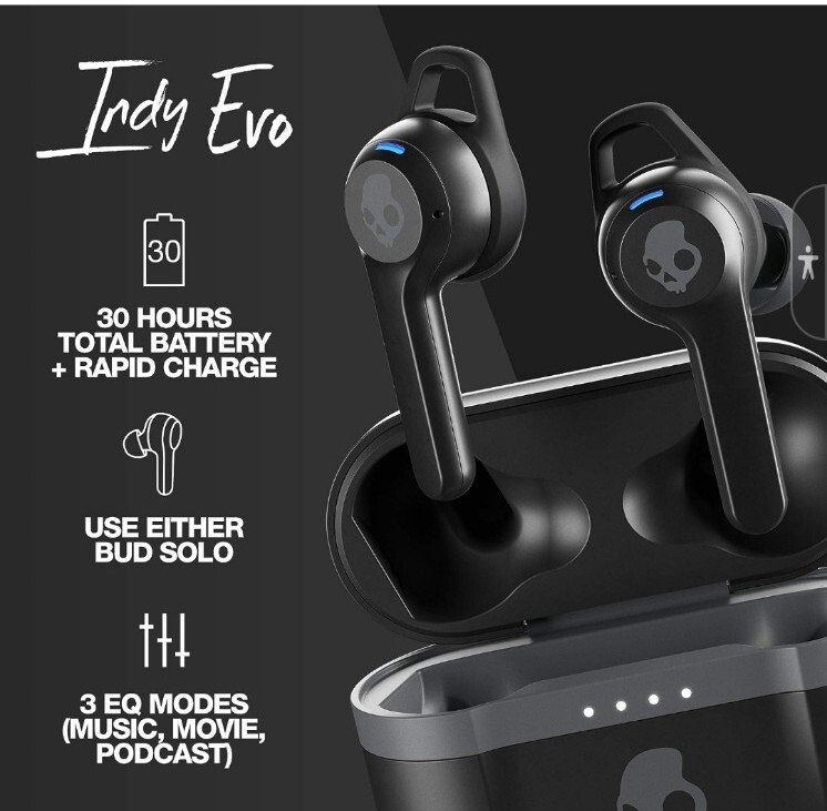 Skullcandy Indy Evo In-Ear Wireless Earbuds, 30 Hr Battery, Microphone, Black