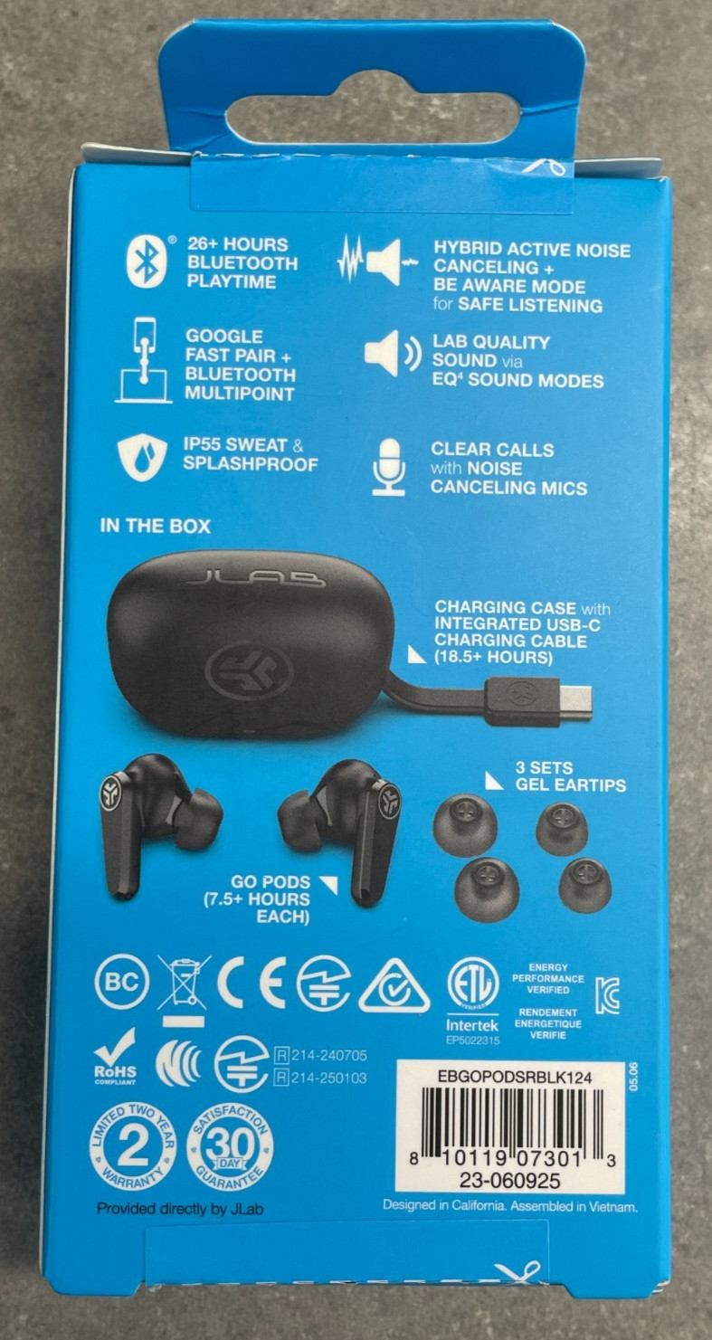 ​JLab GO Air POP ANC True Wireless Active Noise Canceling Earbuds – Black, NEW
