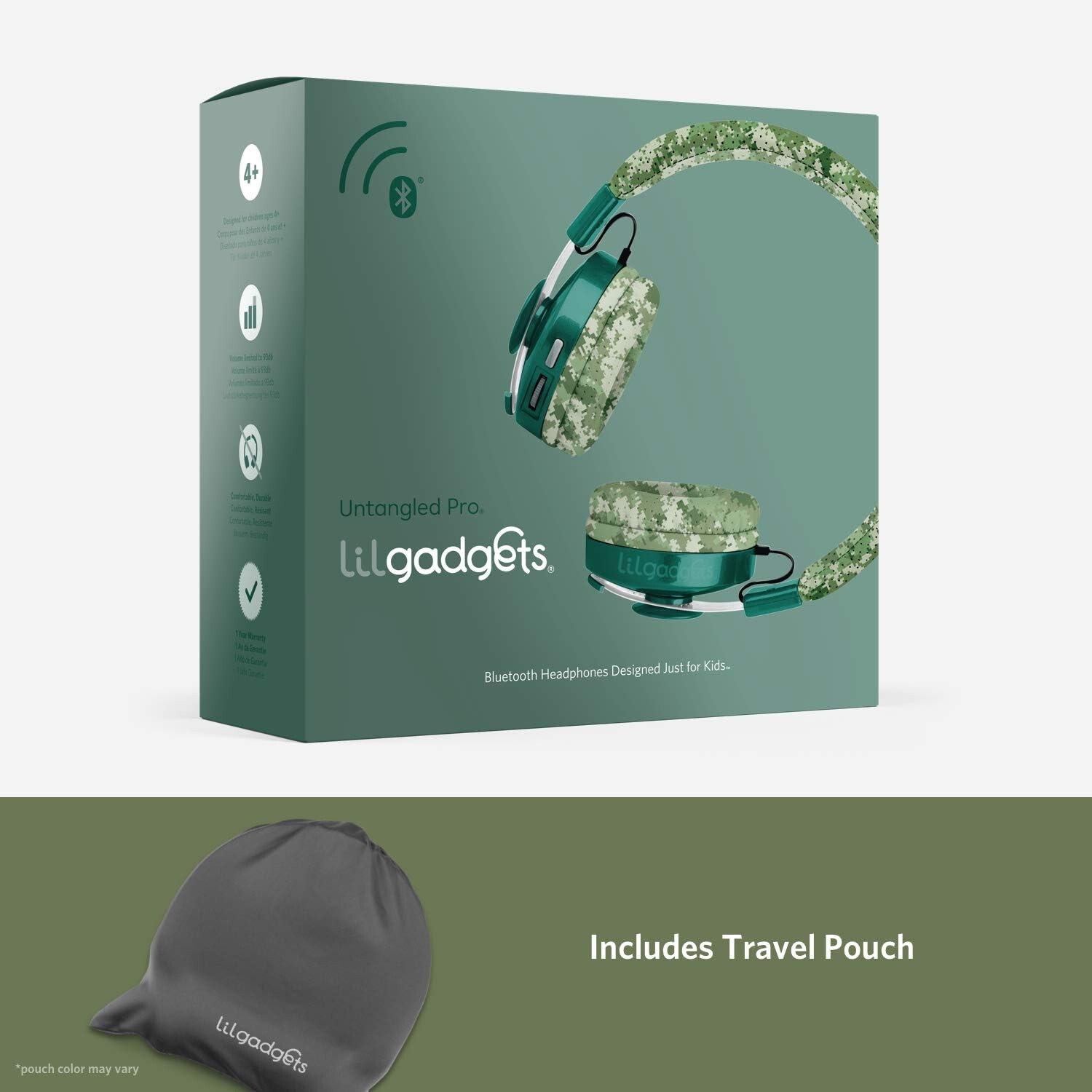 LilGadgets Untangled Pro Wireless Headphones Green Camo Bluetooth for Kids