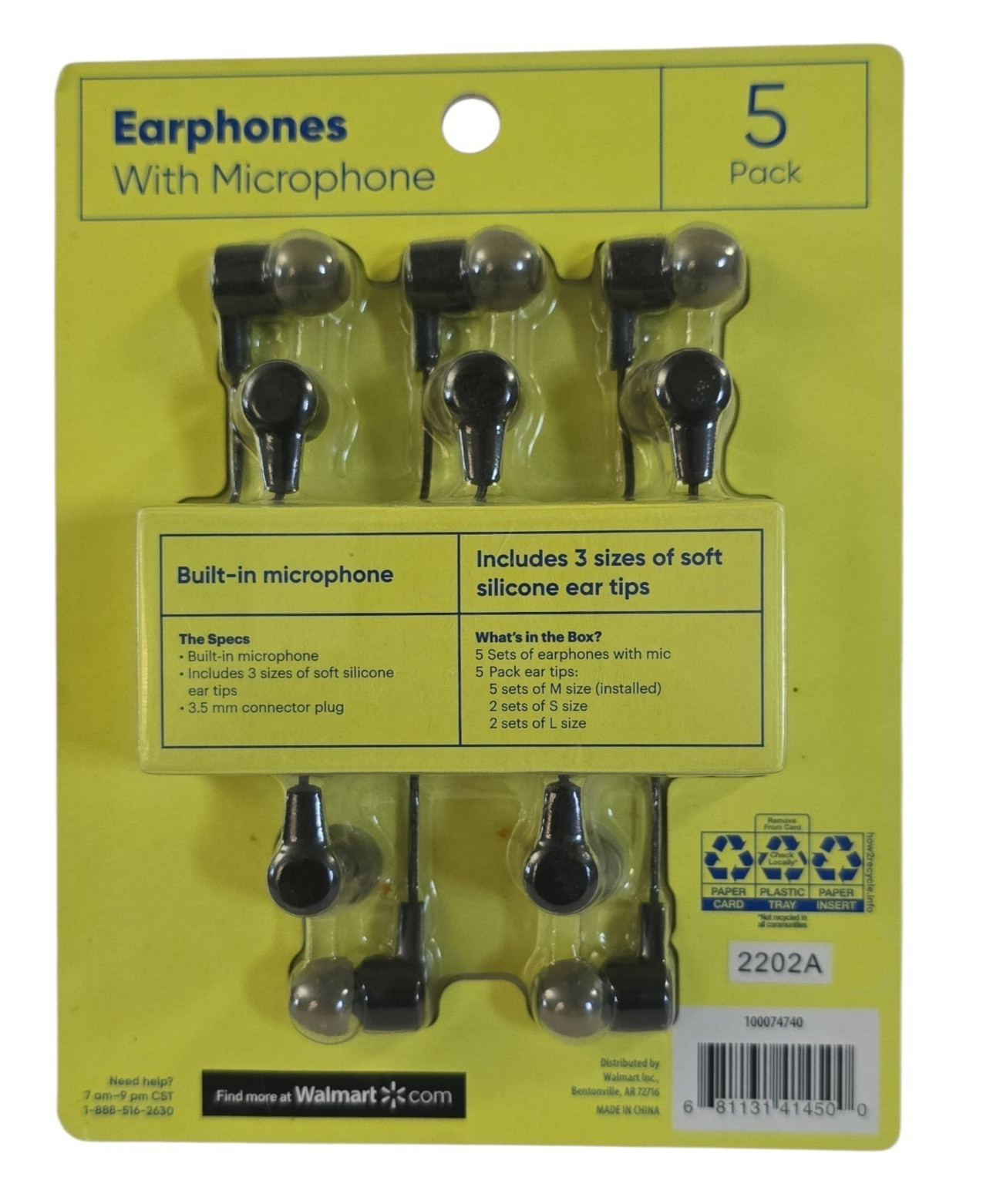 New onn 5-Pack Wired Earbuds, Black With Microphone