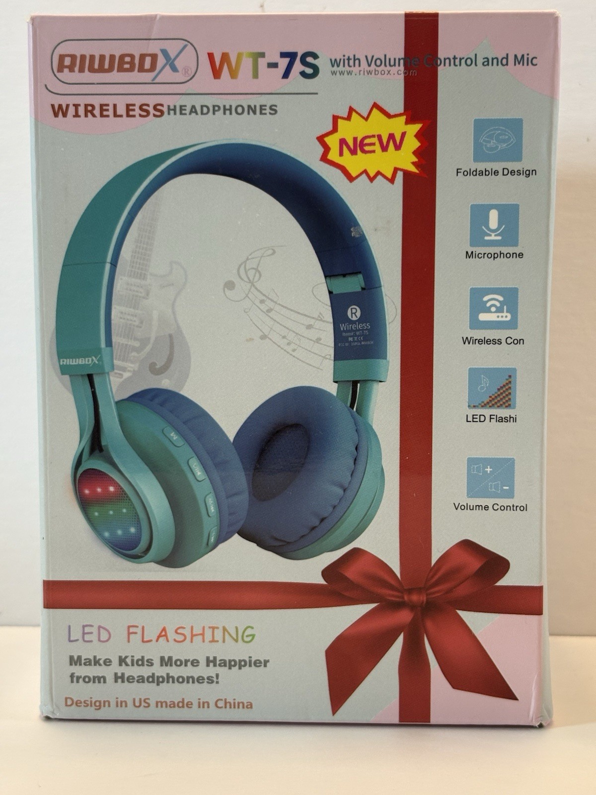 Riwbox WT-7S Wireless Bluetooth Headphones for Kids – LED Flashing – Green/Blue