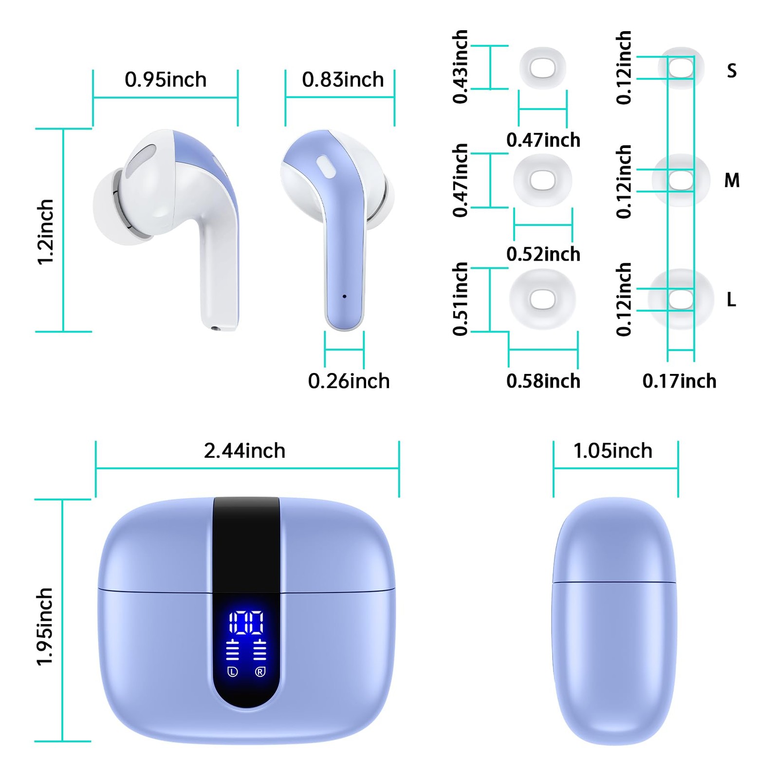 TAGRY Bluetooth Headphones True Wireless Earbuds 60H Playback LED M, Purple
