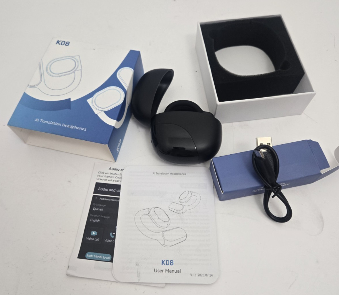 K08 Wireless Bluetooth AI Translation Headphones Earbuds BLACK