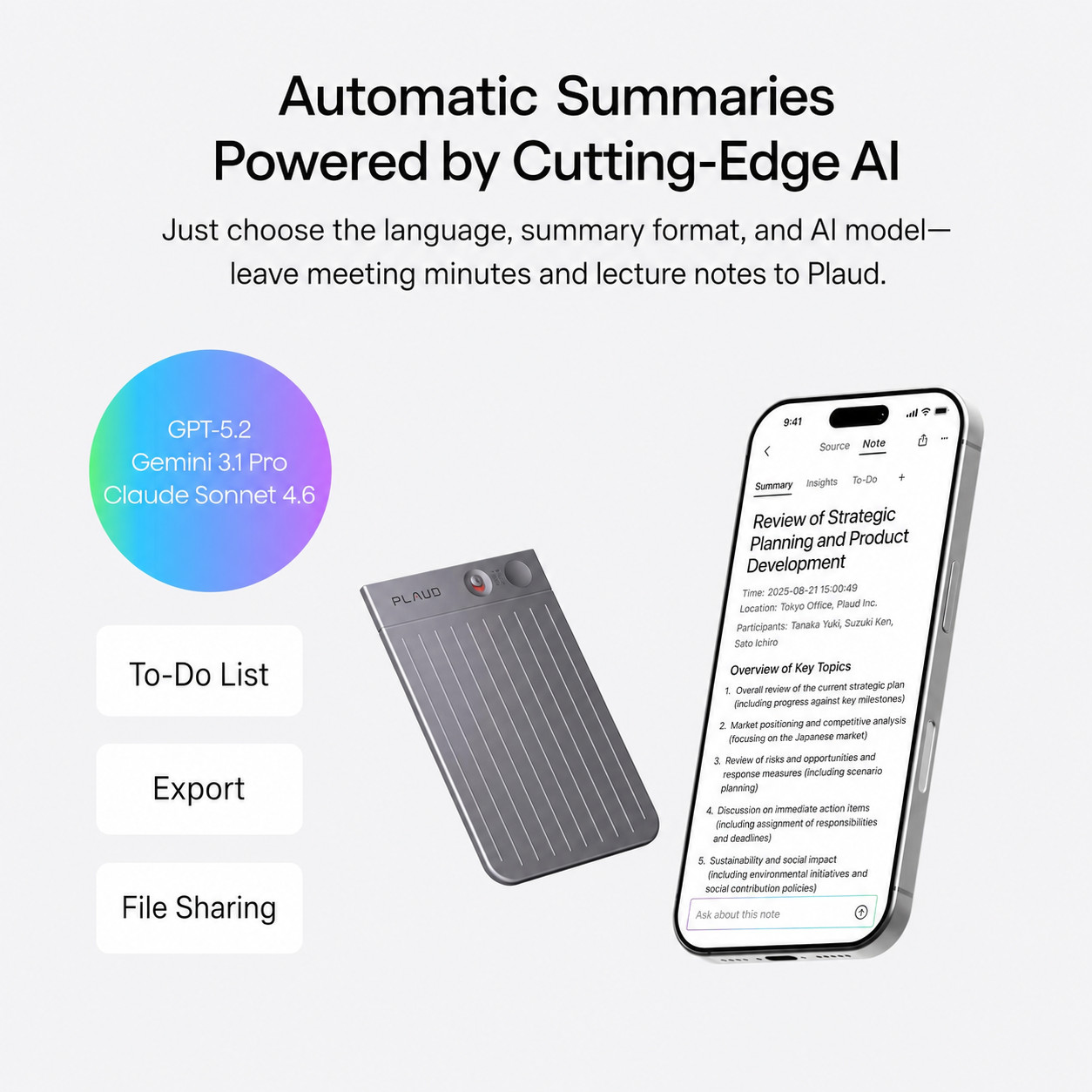 Plaud Note AI Voice Recorder 64GB 30 Hour Auto Transcription 112 Languages