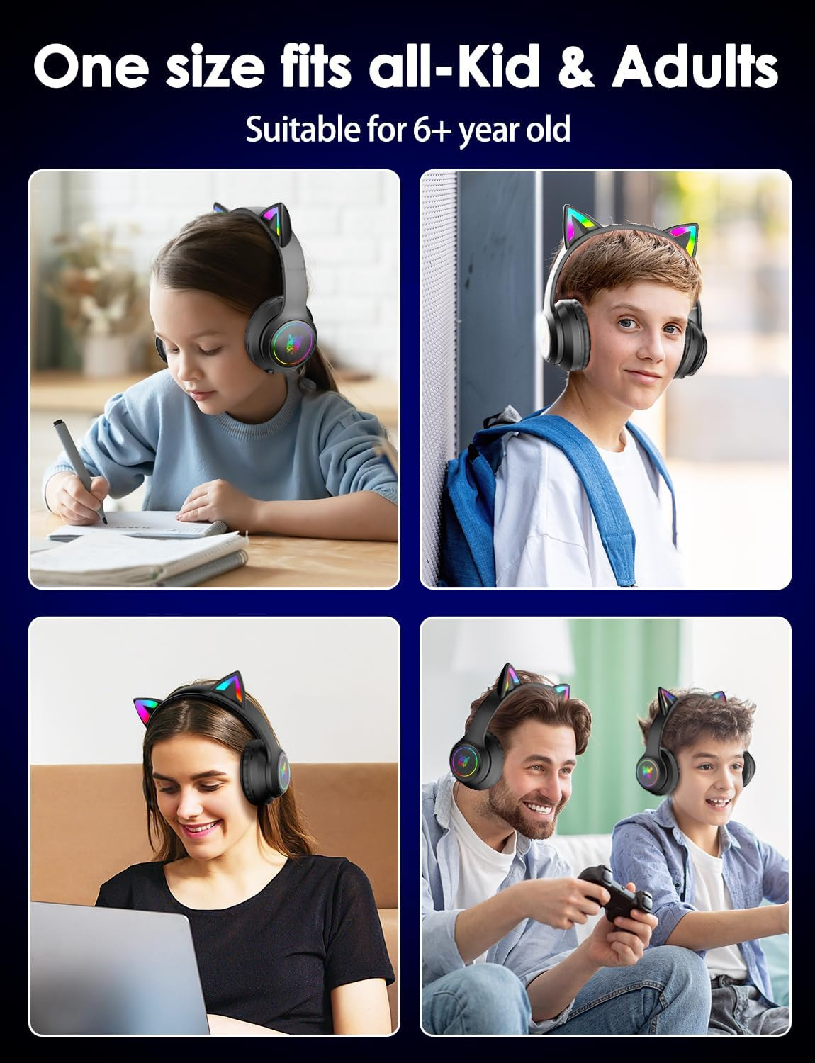 Cat Ear Bluetooth Headphones for Kids & Adults, 55H Play Time, Wireless