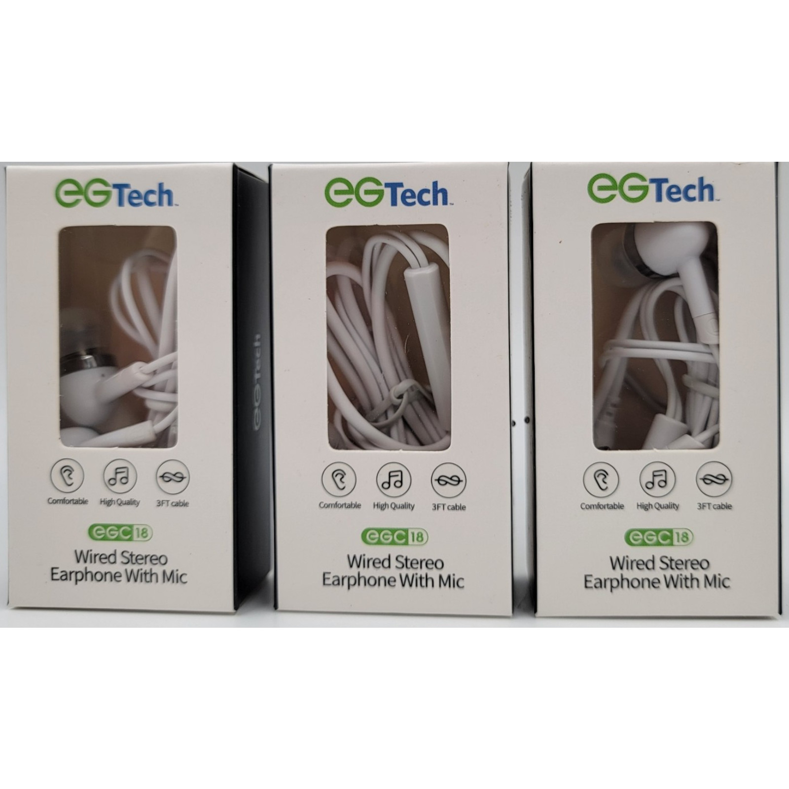 EGTech Wired Stereo Earphone With Microphone White Cord 3′ Comfortable Lot of 3