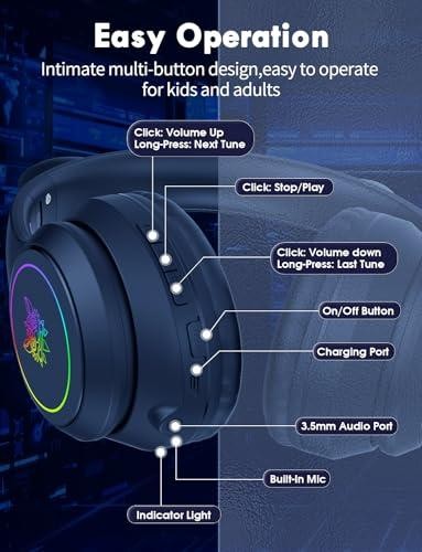 Cat Ear Bluetooth Headphones for Kids & Adults, 55H Play Time, Wireless Foldable