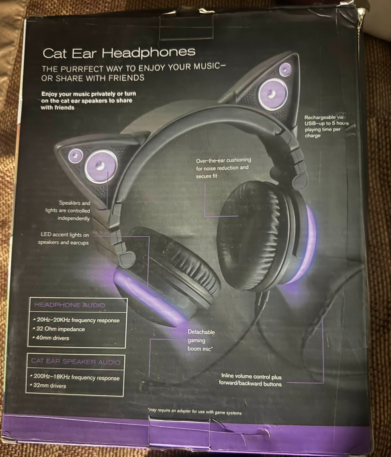 U24418 Brookstone AXENT WEAR Cat Ear Headphones PURPLE LED Wired G3D