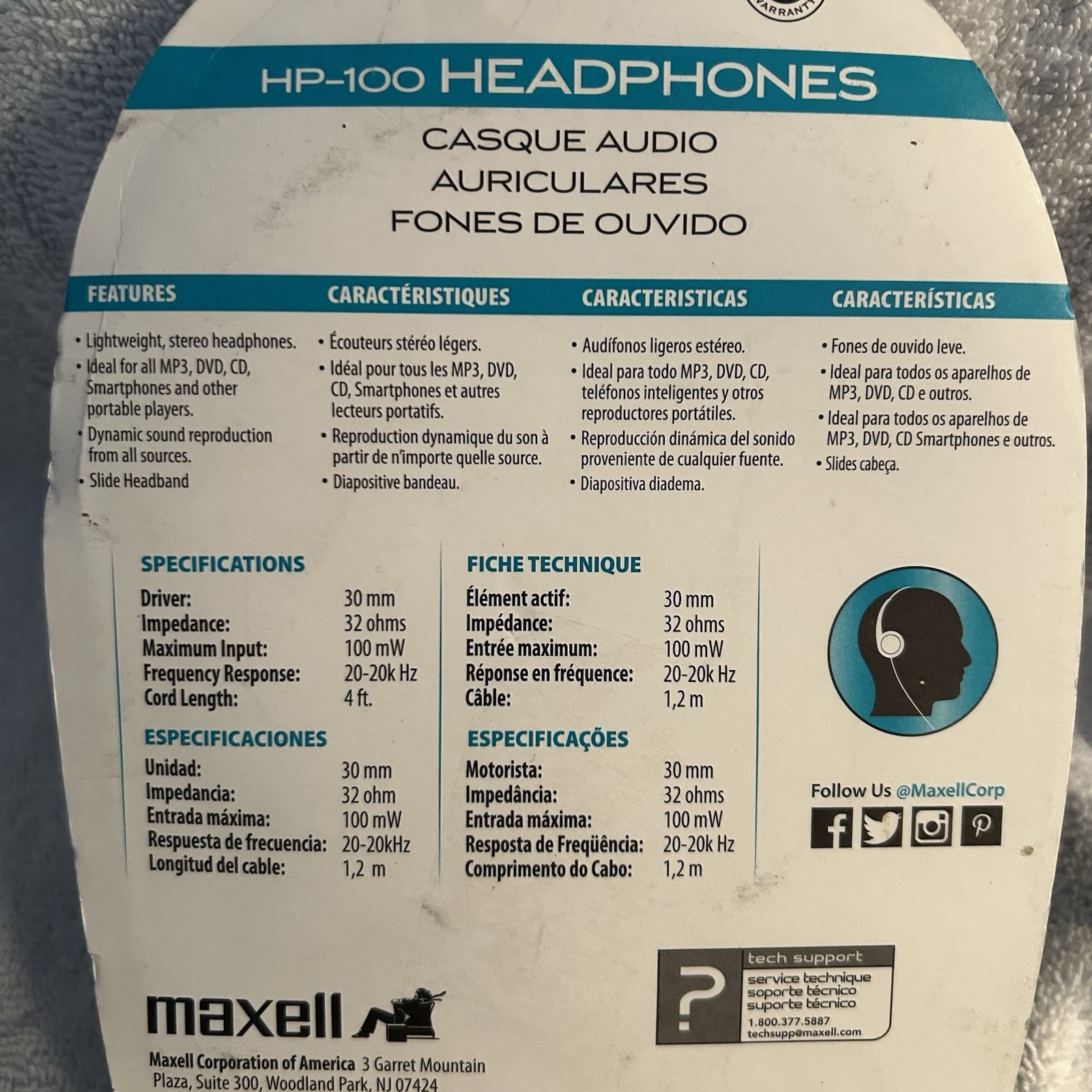 NEW – Maxell Headphones HP-100 Lightweight Adjustable Headband – 3.5mm – 190319
