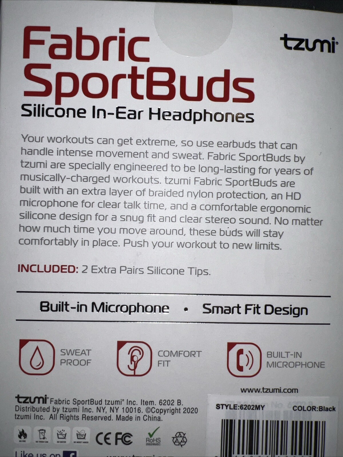 NIB Tzumi Fabric SportBuds Silicone In-Ear Headphones, Built-In Microphone
