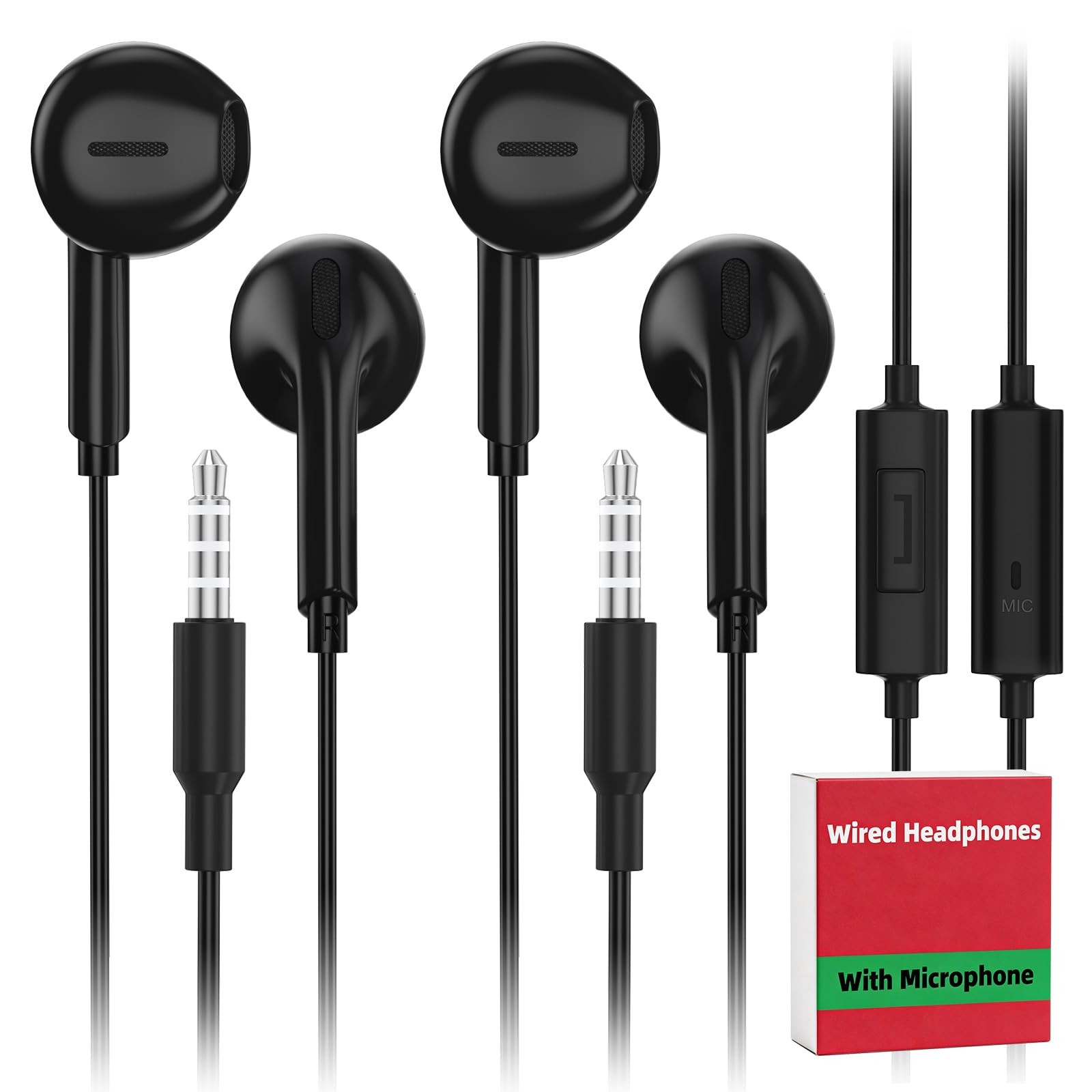 2 Pack Wired Earbuds with 3.5mm AUX Plug Headphones,Earphones Standard, Black