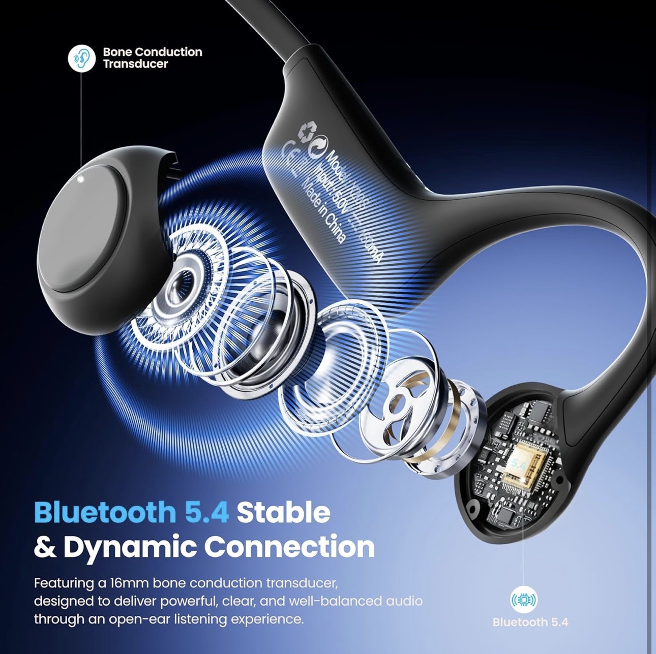 Bone Conduction Bluetooth Headphones, IPX5 Waterproof, 12H Playtime, with Mic