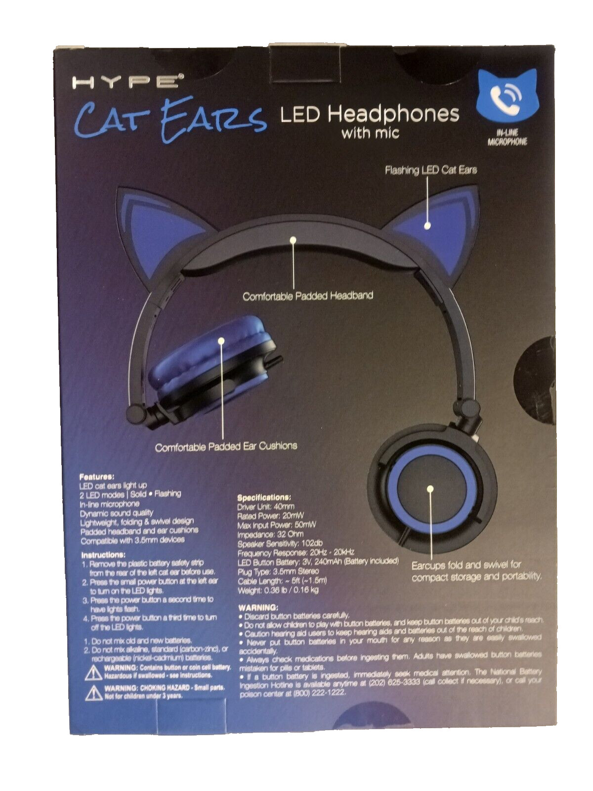 Hype Cat Ears LED Lights Blue Headphones With Mic In-Line Microphone, New