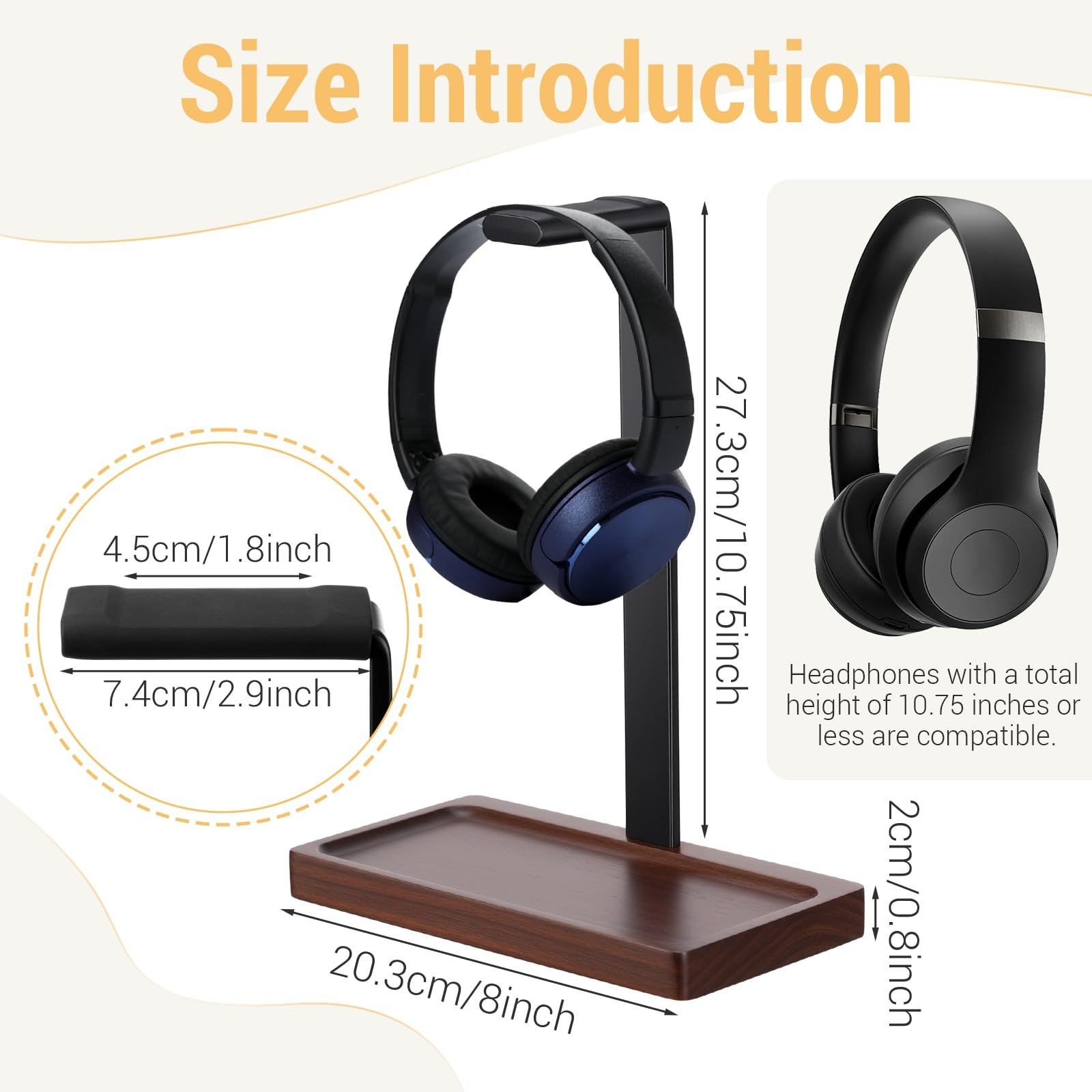 Dark Brown Walnut Wood Headset Holder Desktop Stand With Storage Base Gaming
