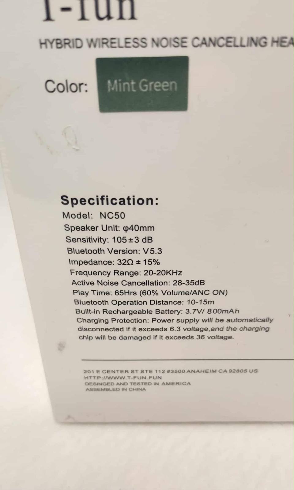 T-fun NC50 Hybrid Active Noise Cancelling Headphones Bluetooth 5.3, Mint Green