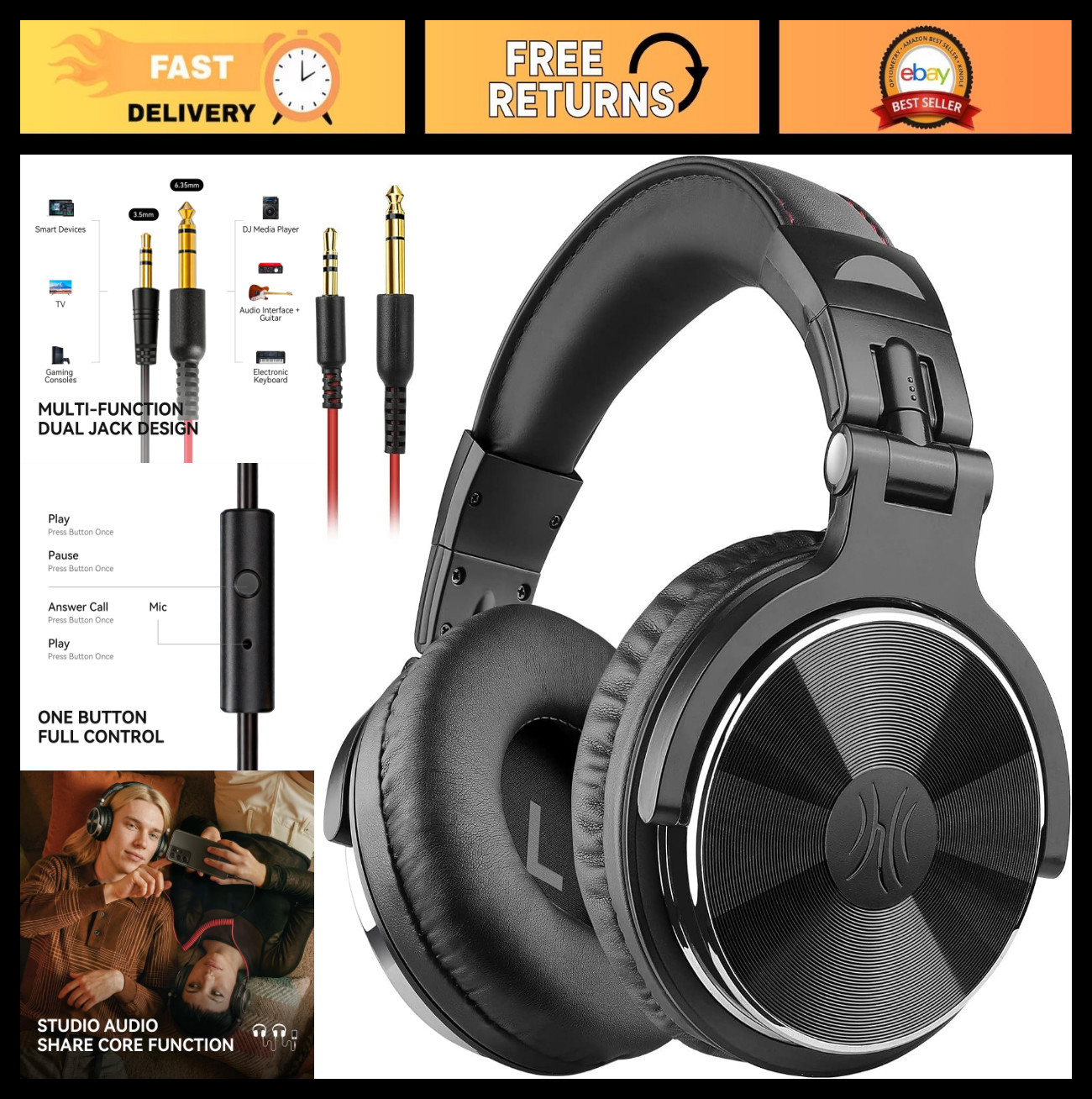 Wired Over Ear Headphones Hi-Res Studio Monitor DJ Stereo Headsets 50mm Drivers