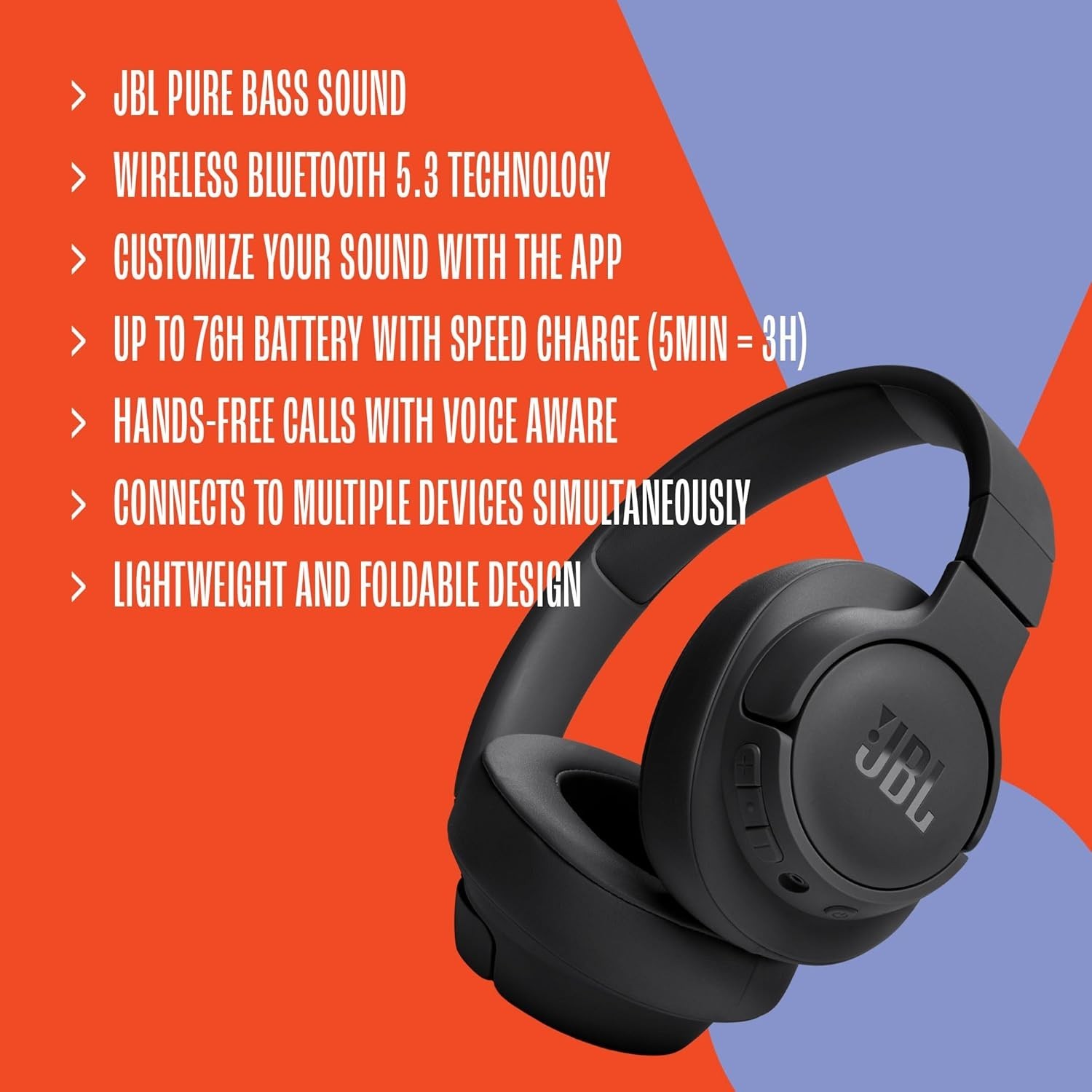 JBL Tune 720BT Wireless Headphones Bluetooth 5.3 Pure Bass Black