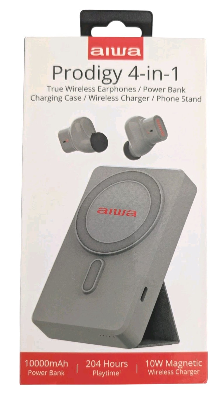 AIWA Prodigy 4-in-1 Wireless Earbuds, 10,000 mgh Powerbank, Phone Stand-Gray