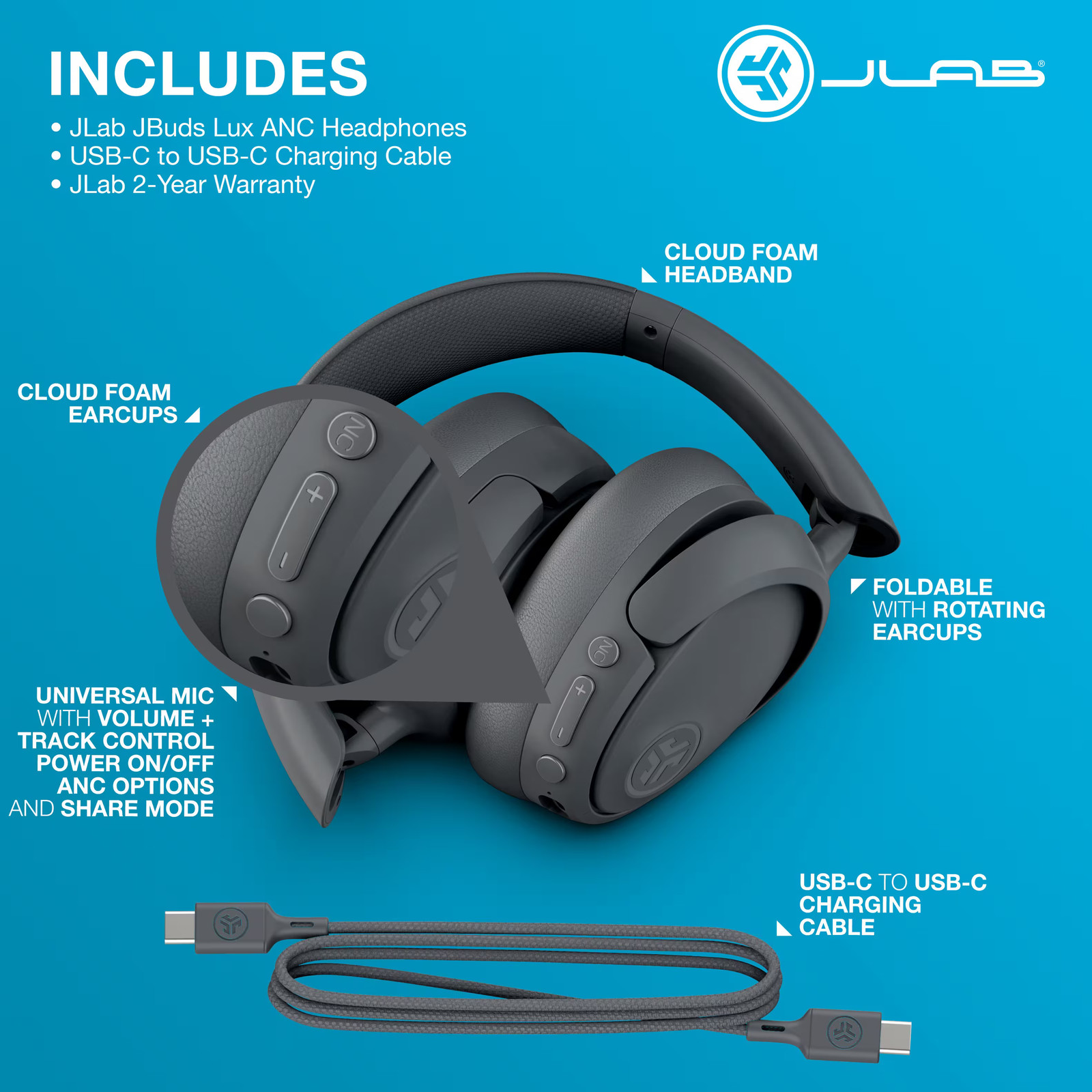 JLab – JBuds Lux ANC Headphones – Graphite