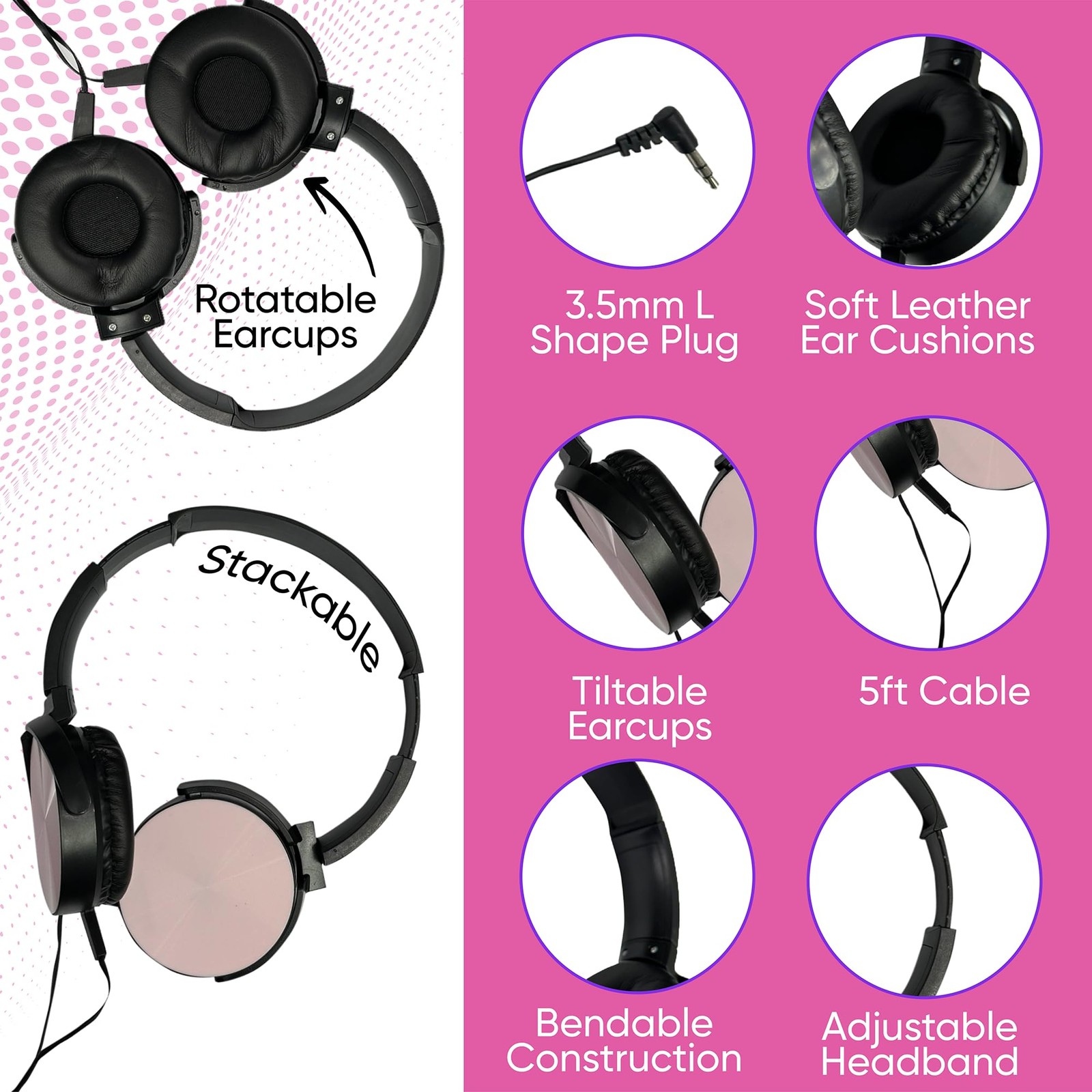 5 PCS Bulk Wired OnEar Leather Headphones 3.5mm Round Metal Housing Multi